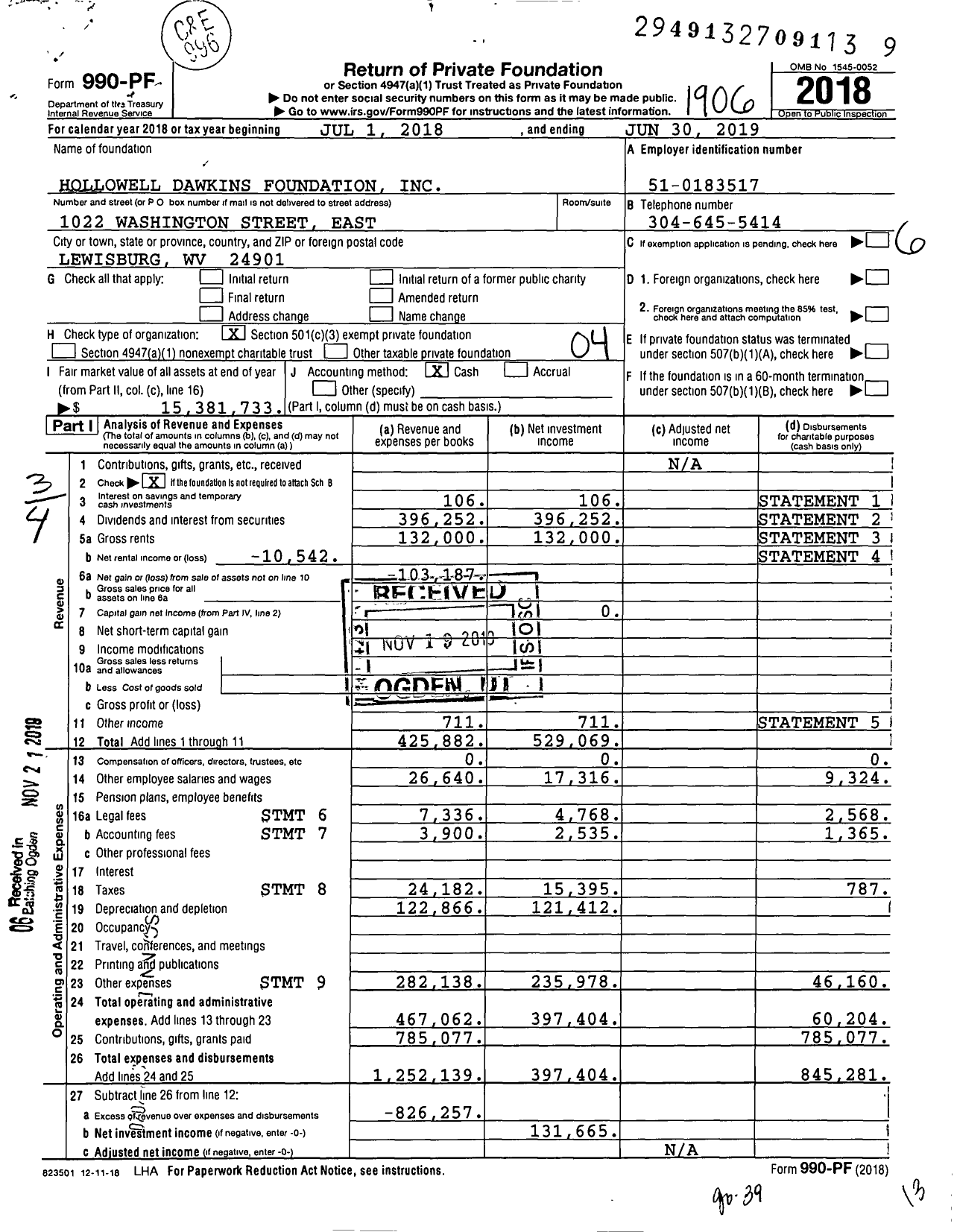 Image of first page of 2018 Form 990PF for Hollowell Dawkins Foundation