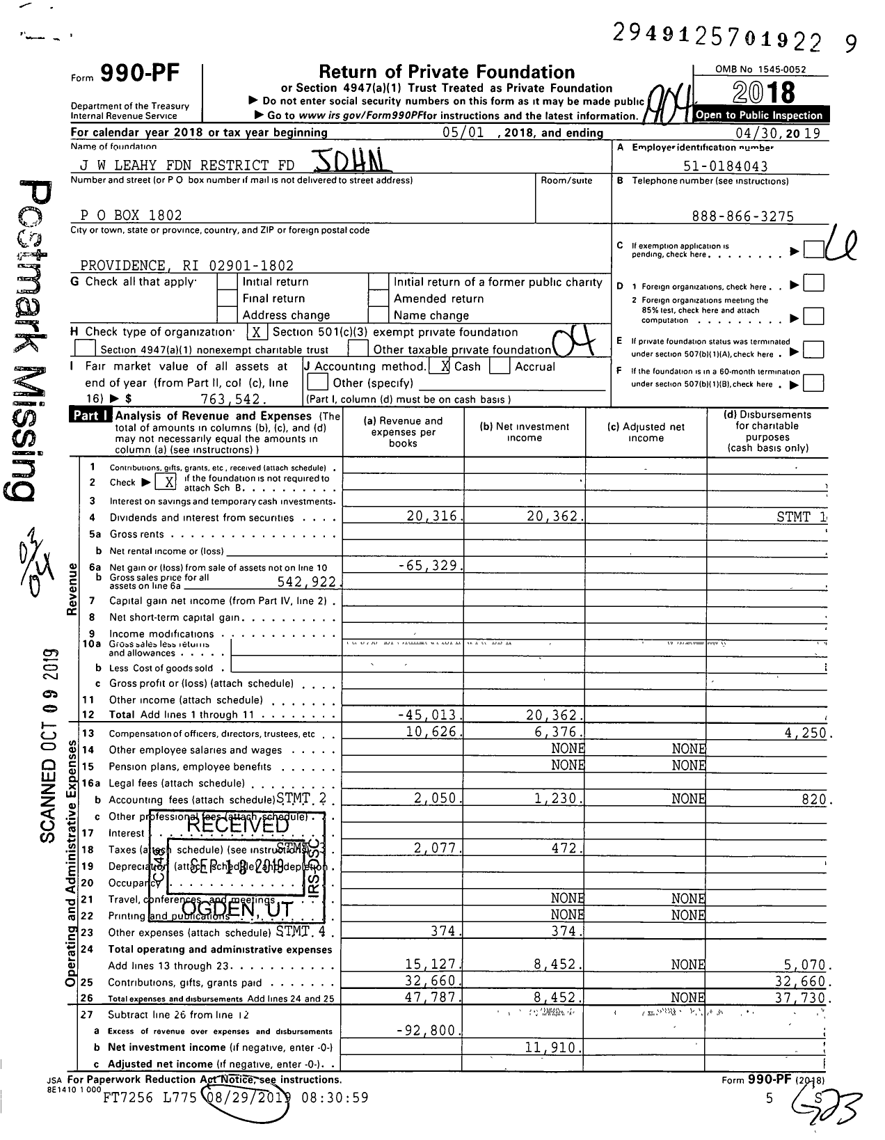 Image of first page of 2018 Form 990PF for J W Leahy Foundation Restrict Fund