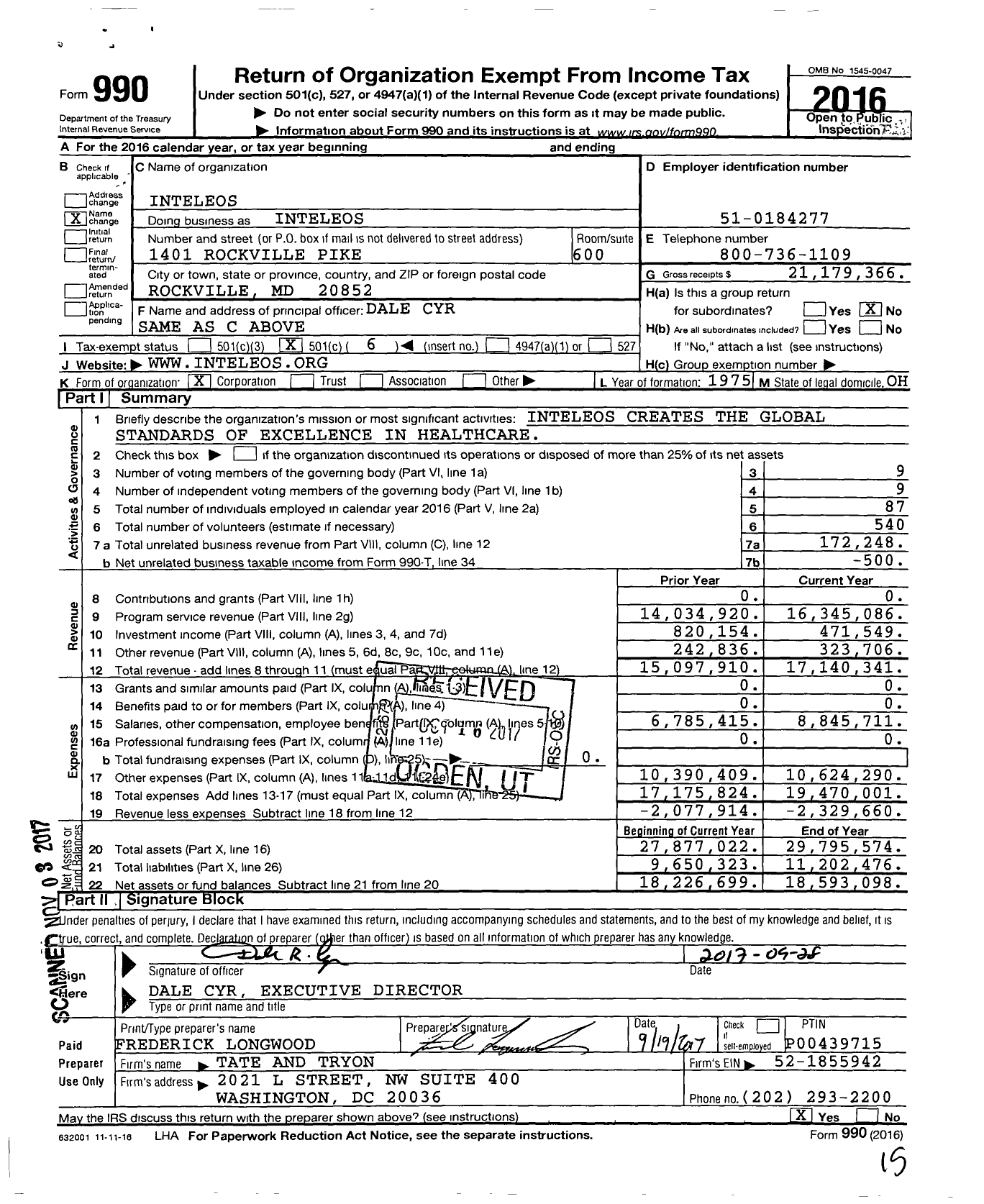 Image of first page of 2016 Form 990O for Inteleos (ARDMS)