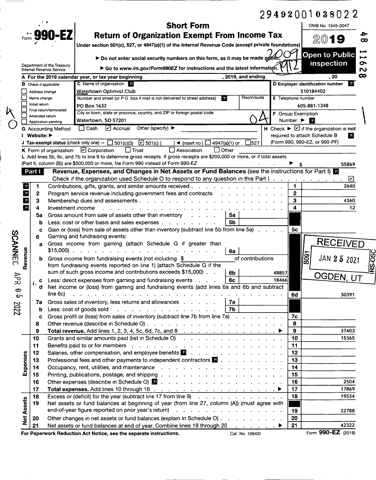 Image of first page of 2019 Form 990EO for Optimist International - 35166 Oc of Watertown SD