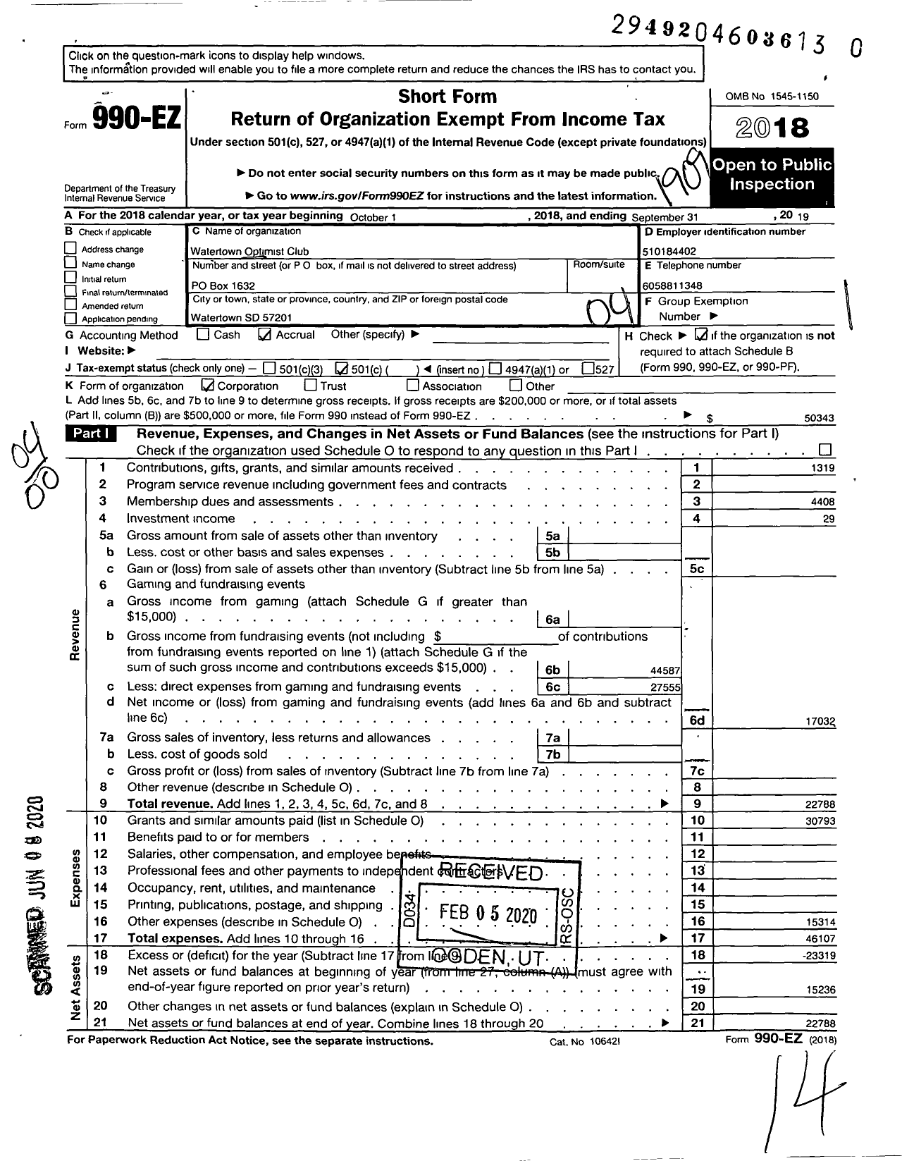 Image of first page of 2018 Form 990EO for Optimist International - 35166 Oc of Watertown SD