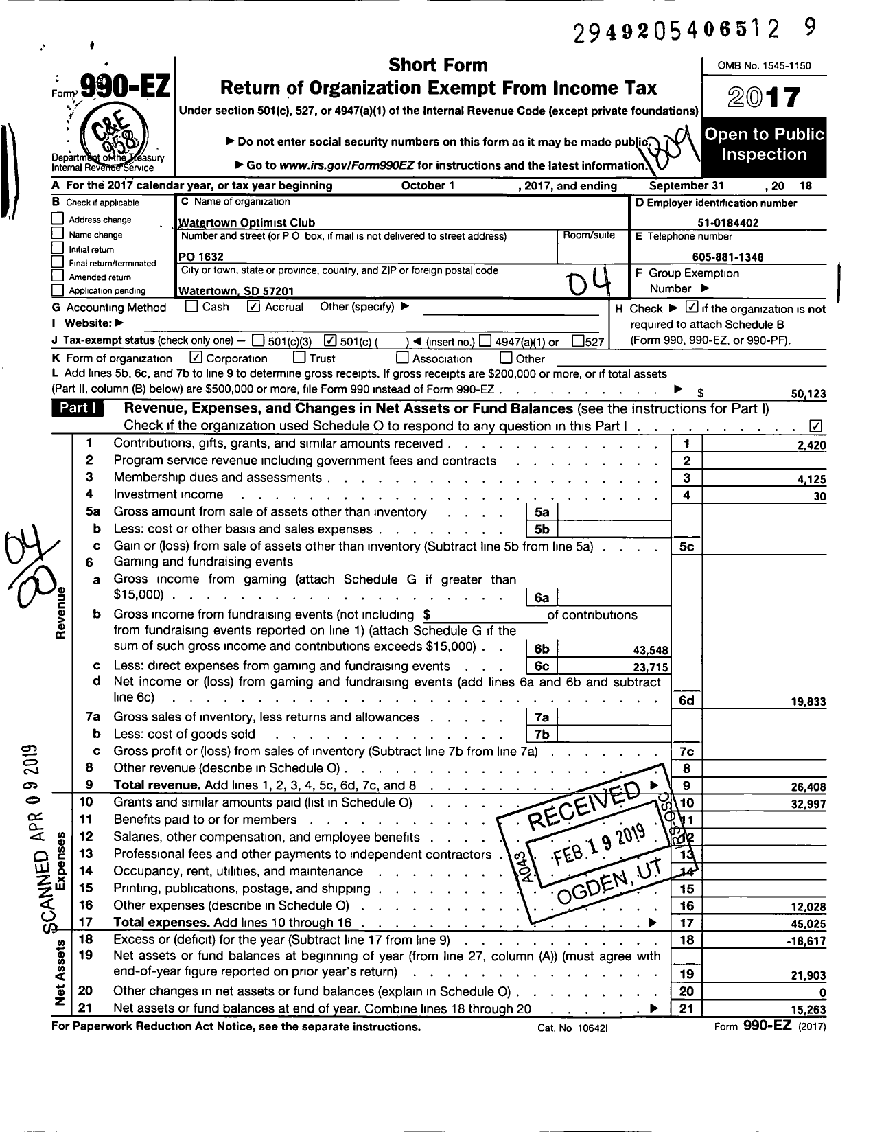 Image of first page of 2017 Form 990EO for Optimist International - 35166 Oc of Watertown SD