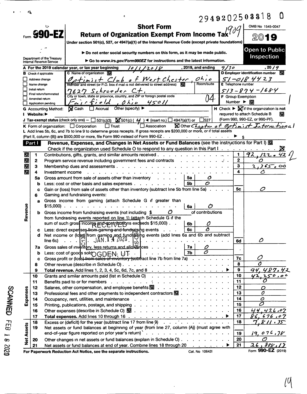 Image of first page of 2018 Form 990EO for Optimist International - 24227 Oc of West Chester-Lakota Oh