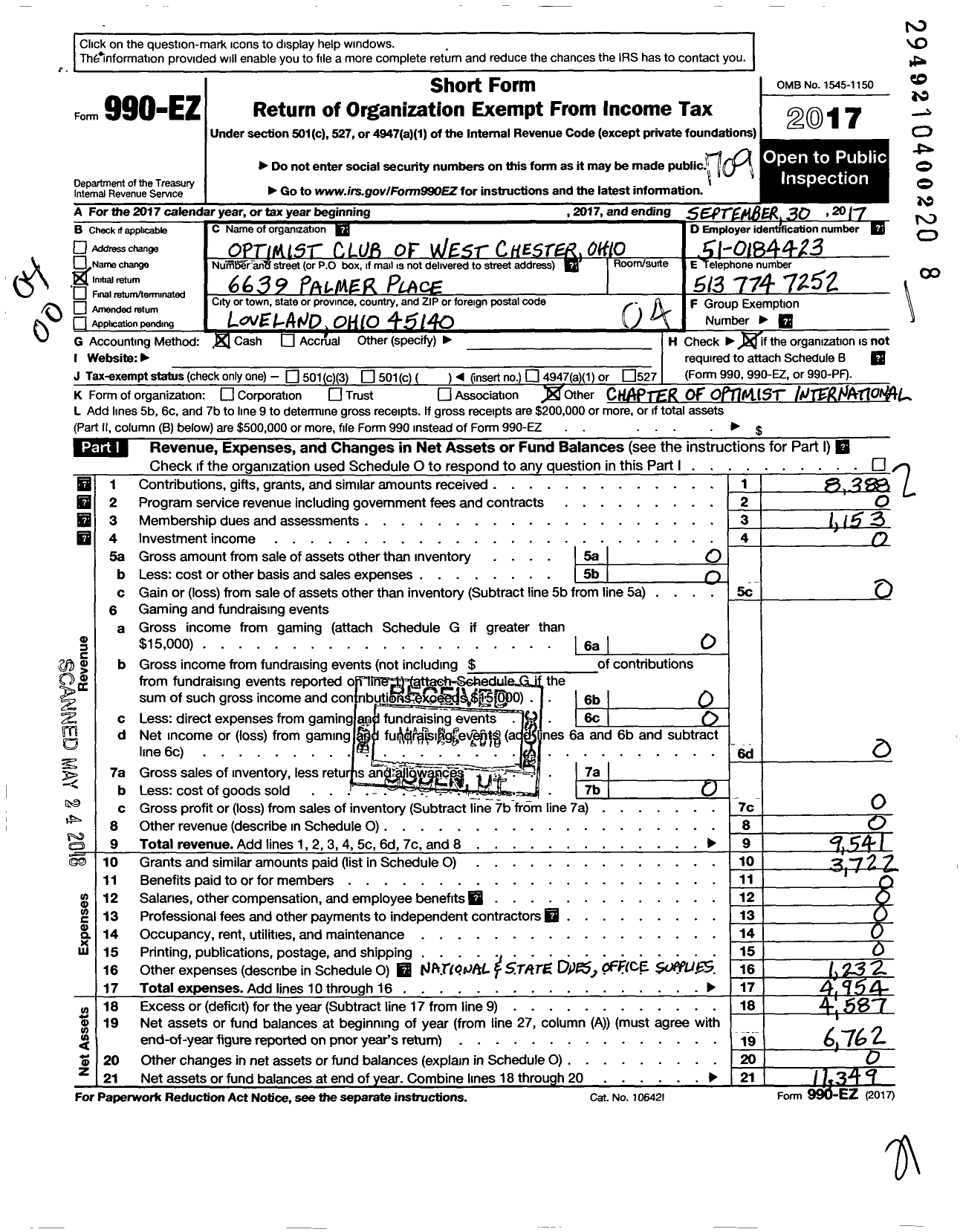 Image of first page of 2016 Form 990EO for Optimist International - 24227 Oc of West Chester-Lakota Oh