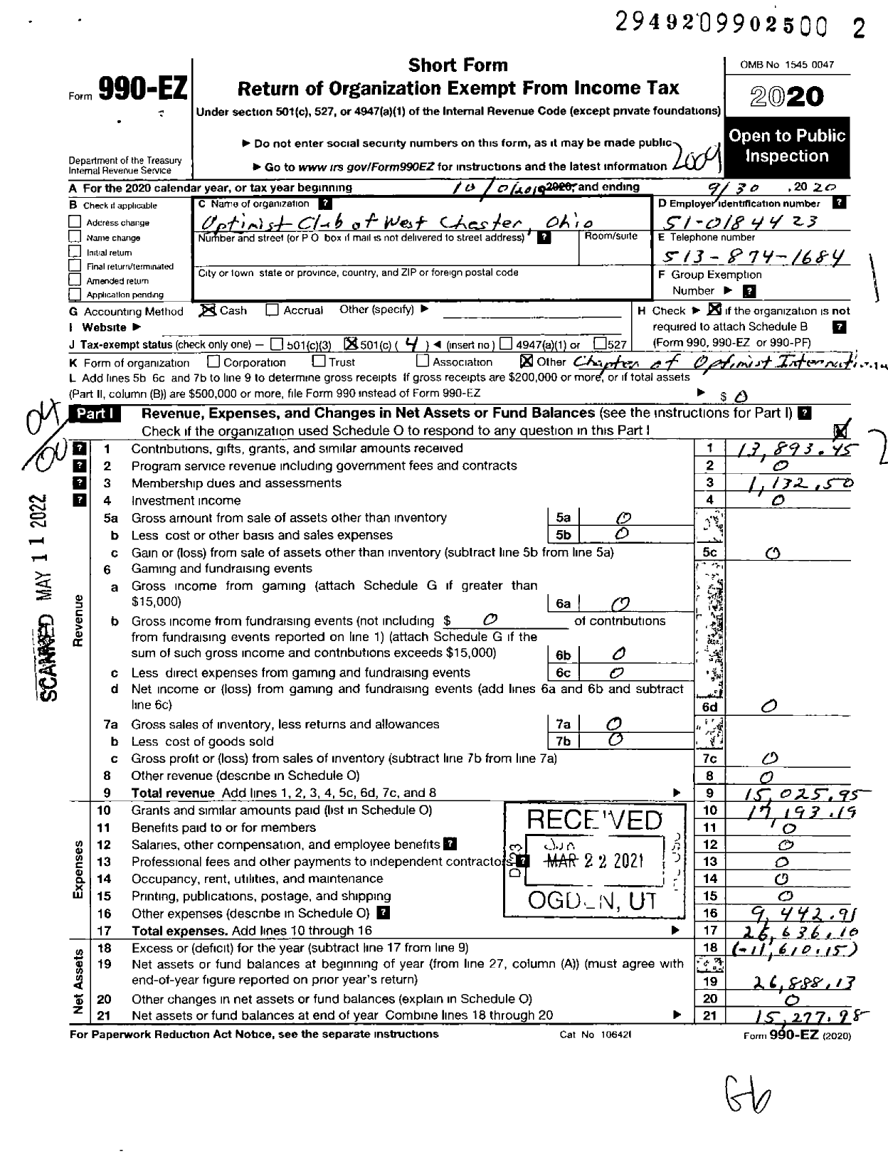 Image of first page of 2019 Form 990EO for Optimist International - 24227 Oc of West Chester-Lakota Oh