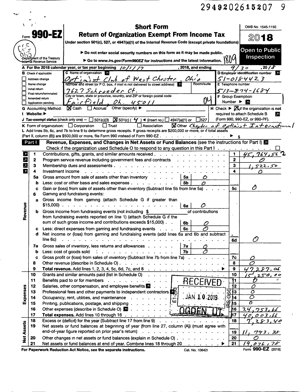 Image of first page of 2017 Form 990EO for Optimist International - 24227 Oc of West Chester-Lakota Oh