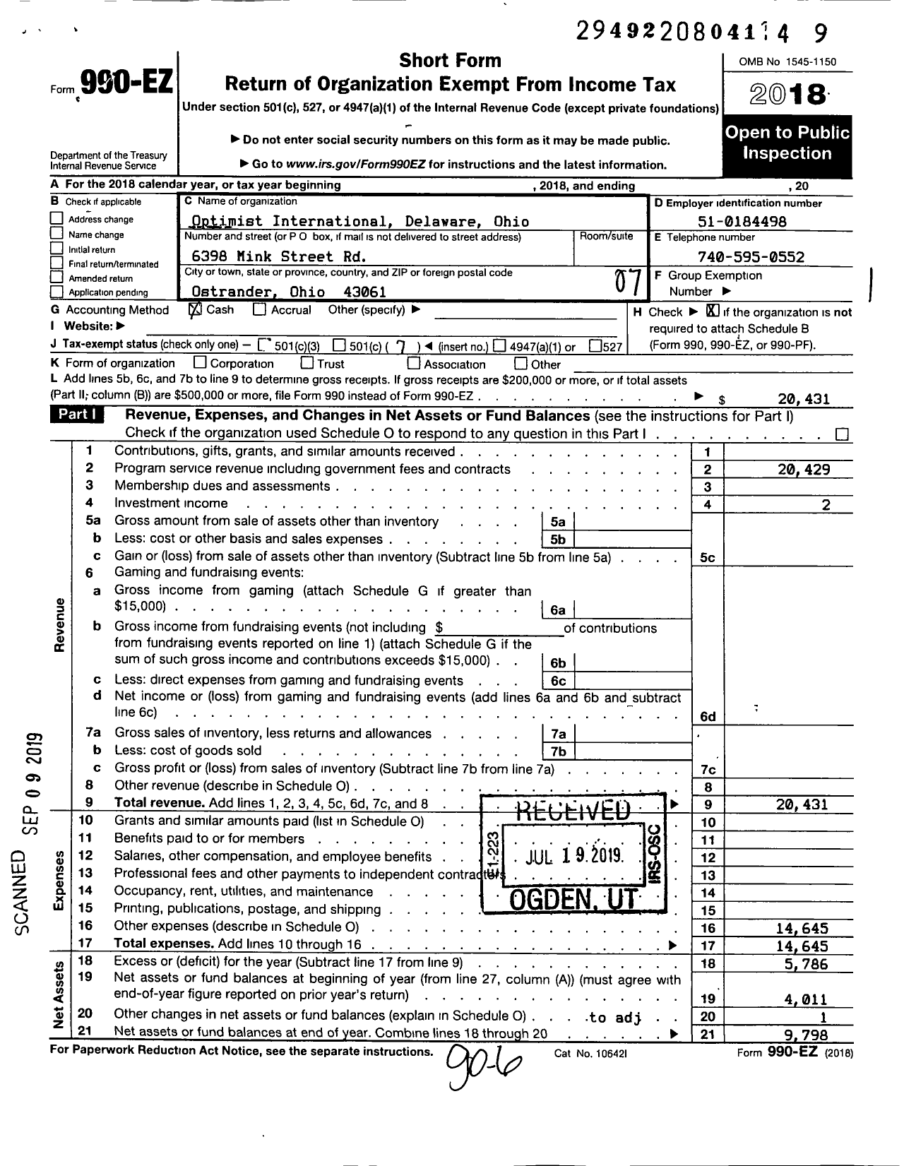 Image of first page of 2018 Form 990EO for Optimist International - 24114 Oc of Delaware Oh