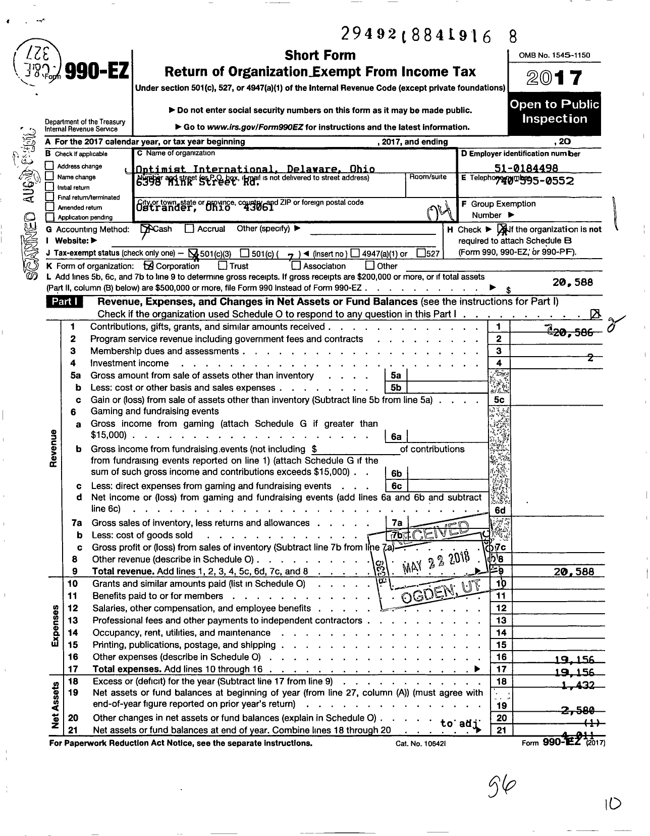 Image of first page of 2017 Form 990EO for Optimist International - 24114 Oc of Delaware Oh