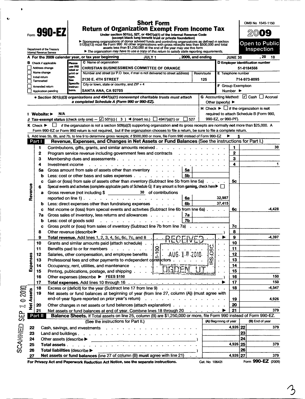 Image of first page of 2009 Form 990EZ for Christian Business Mens Committee of Orange