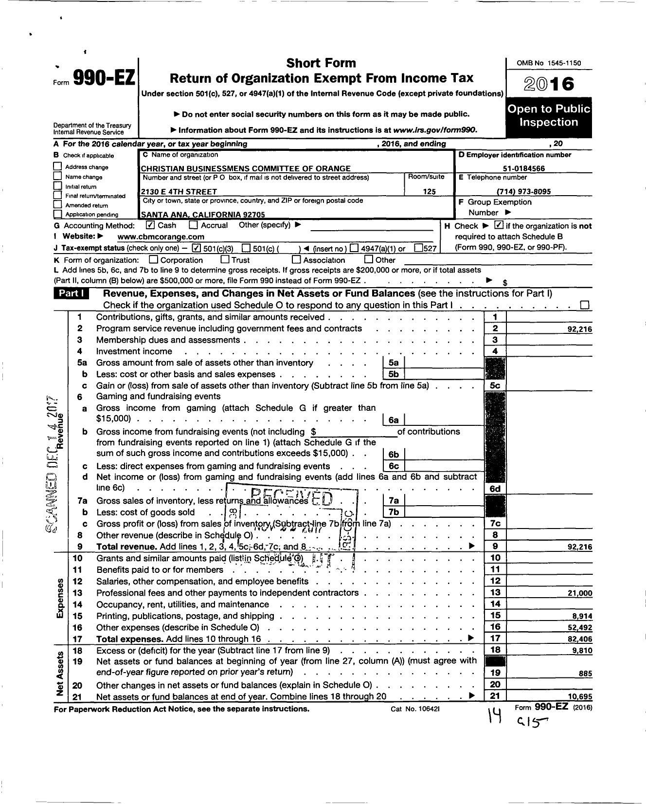 Image of first page of 2016 Form 990EZ for Christian Business Mens Committee of Orange