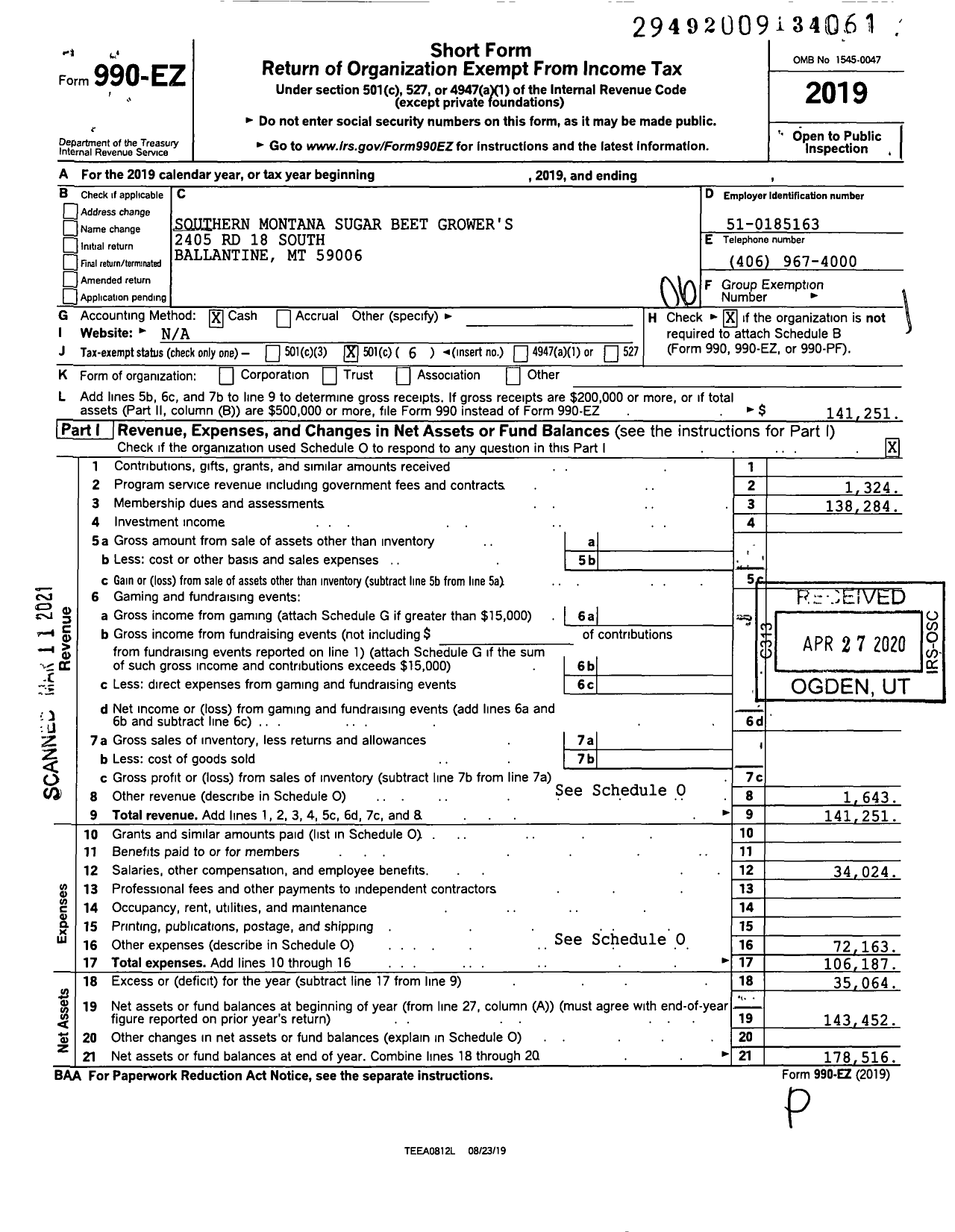 Image of first page of 2019 Form 990EO for Southern Montana Sugarbeet Growers Association