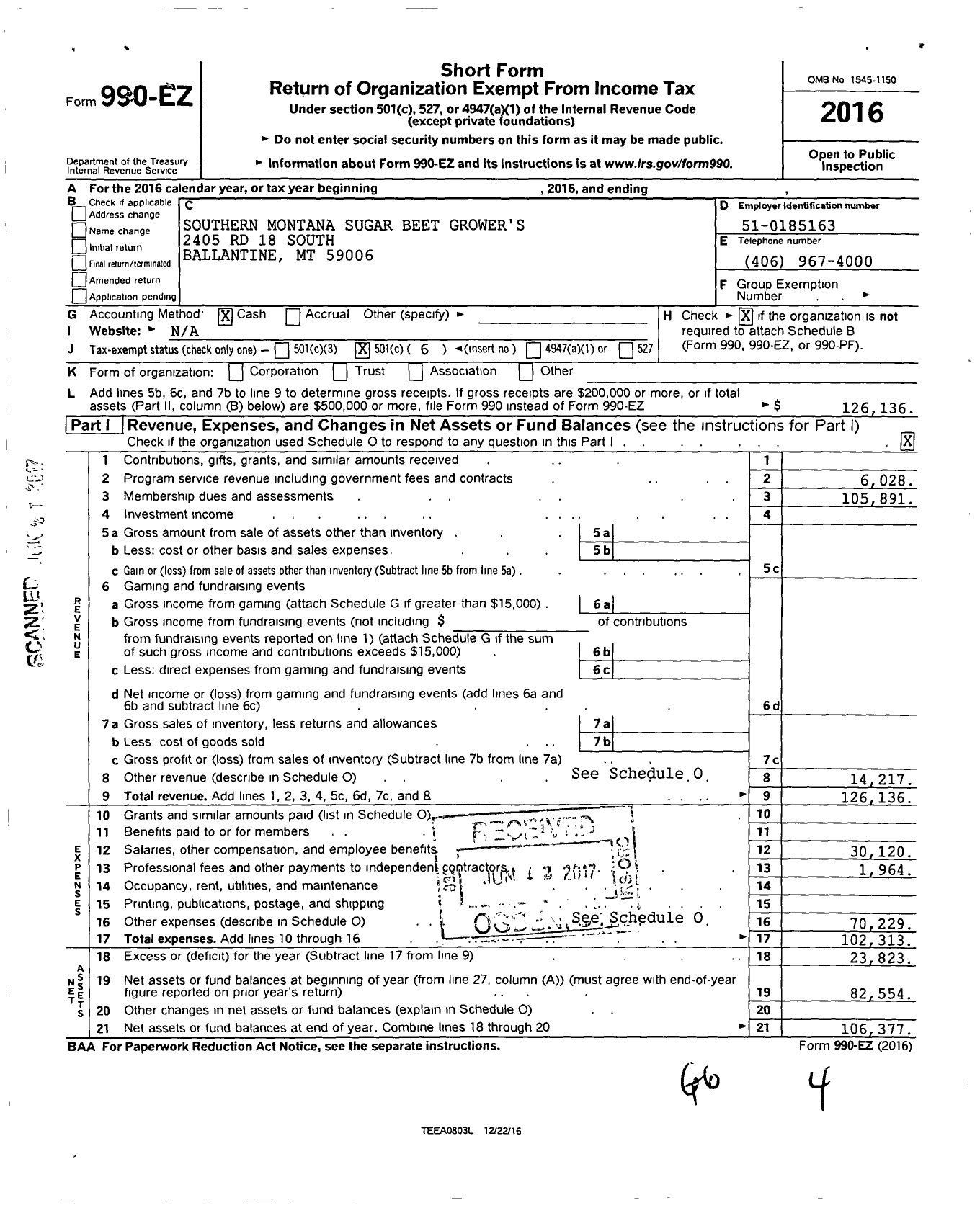 Image of first page of 2016 Form 990EO for Southern Montana Sugarbeet Growers Association