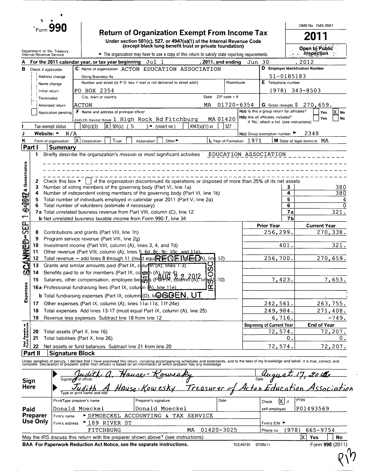 Image of first page of 2011 Form 990O for Massachusetts Teachers Association - 101 Acton Educ Assn