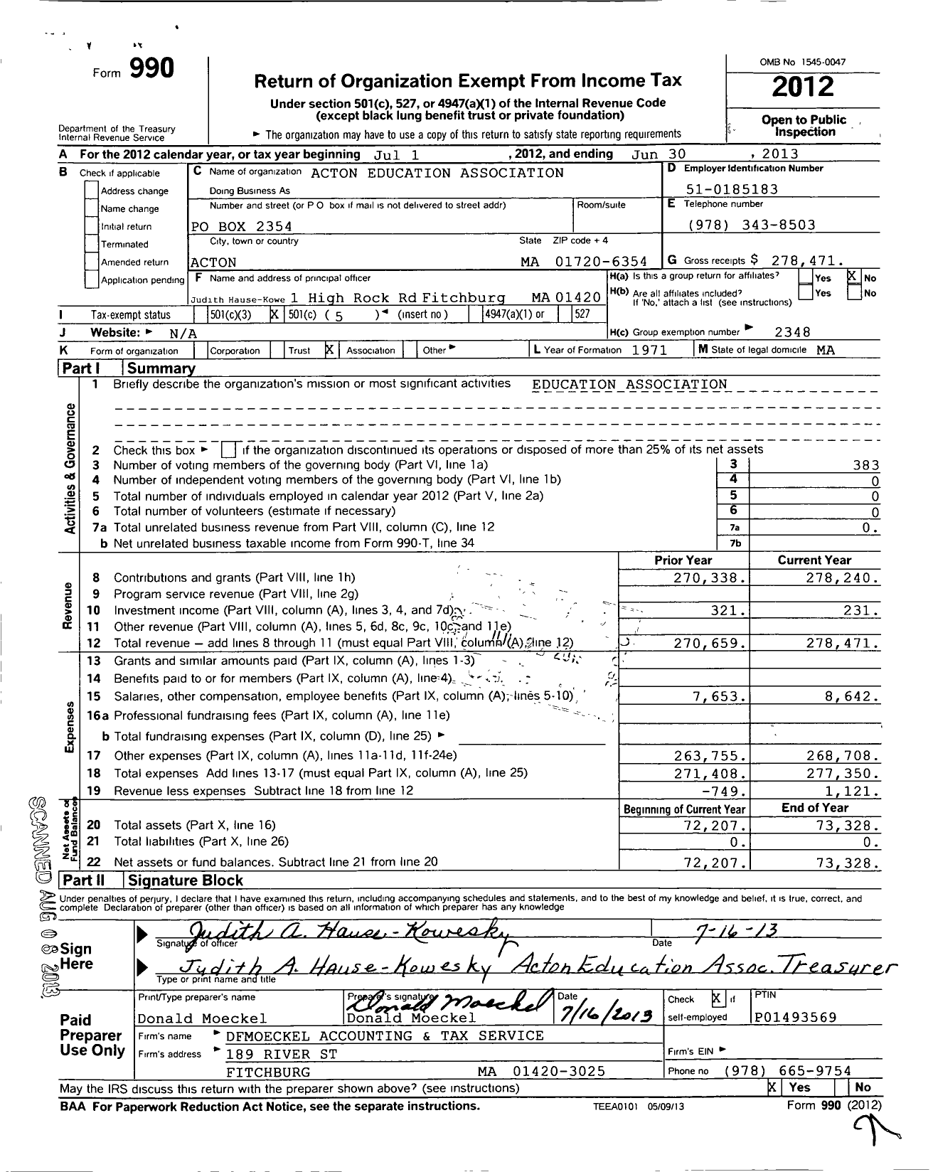 Image of first page of 2012 Form 990O for Massachusetts Teachers Association - 101 Acton Educ Assn