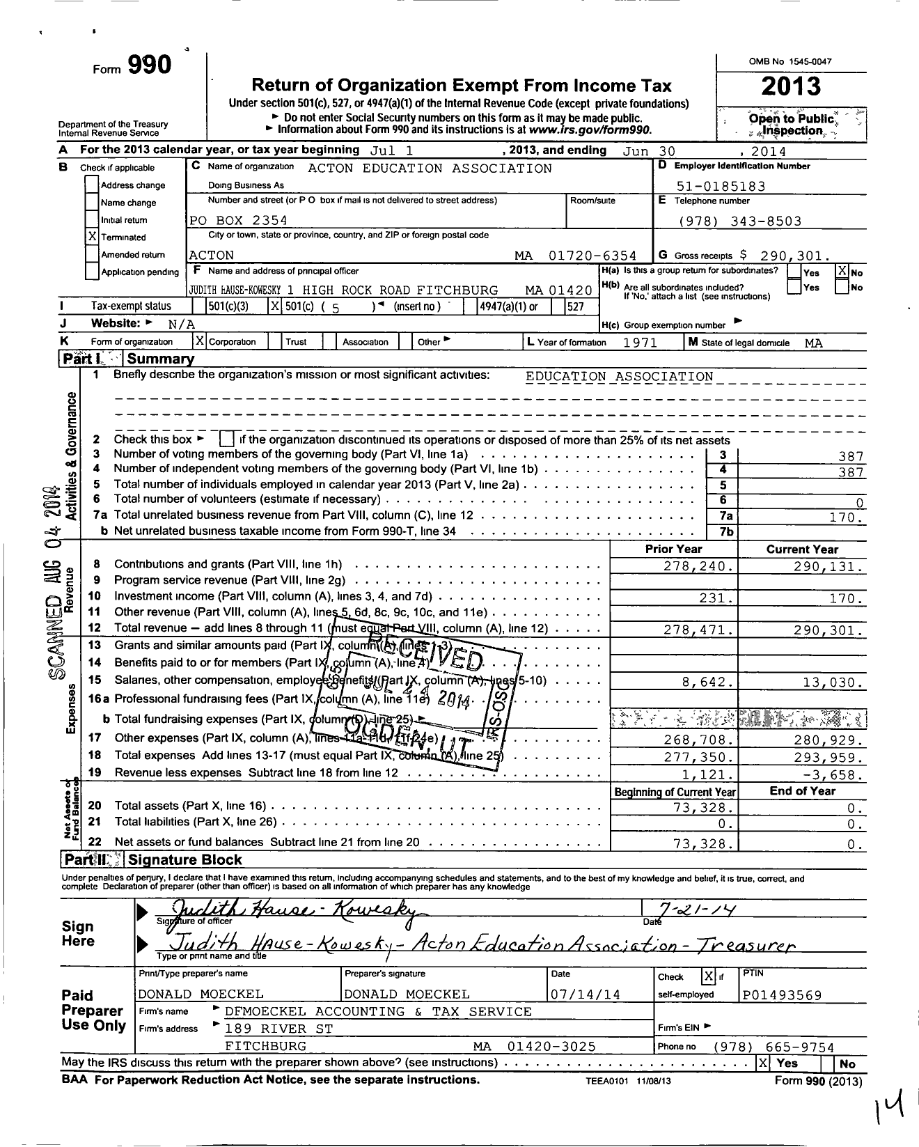 Image of first page of 2013 Form 990O for Massachusetts Teachers Association - 101 Acton Educ Assn