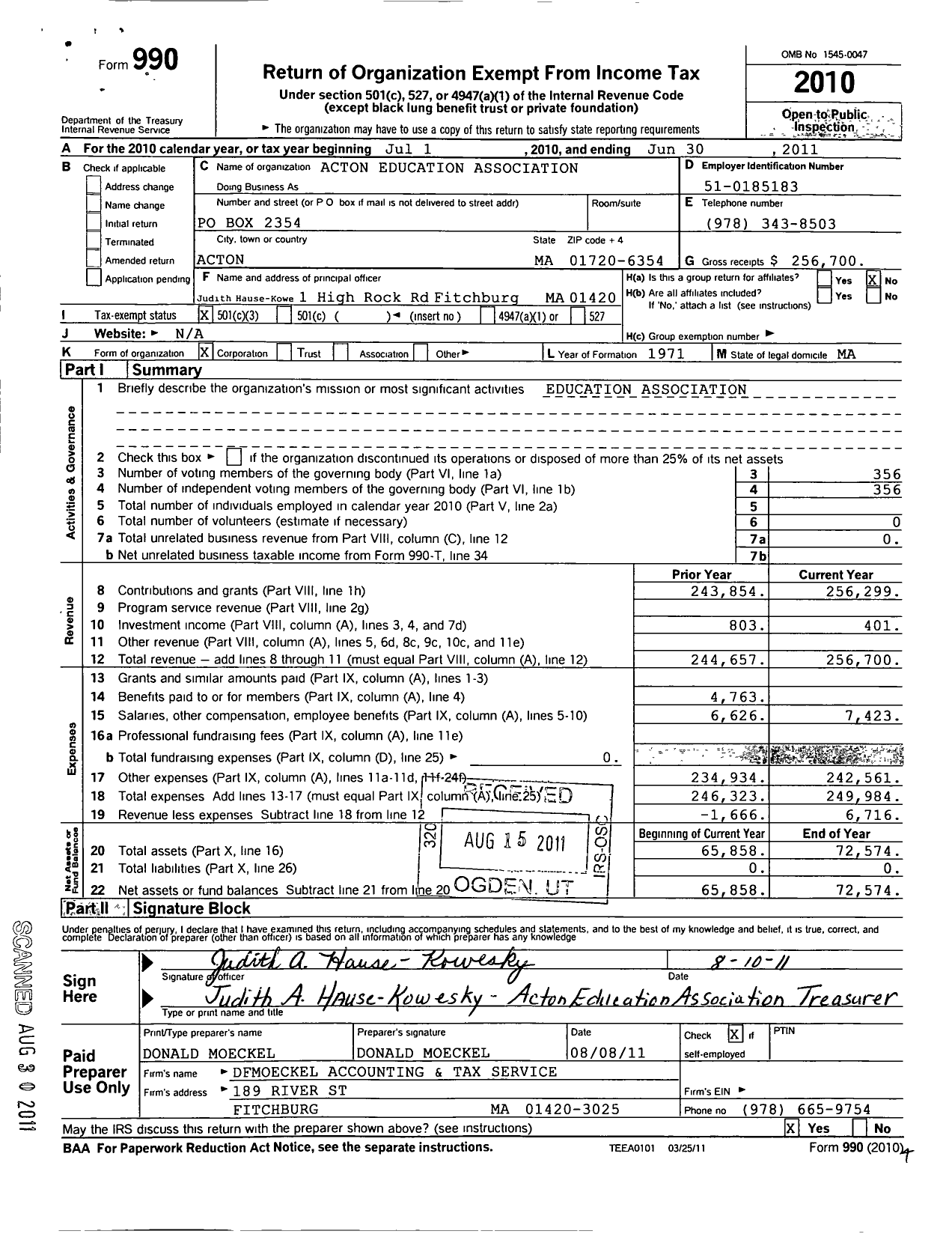 Image of first page of 2010 Form 990 for Massachusetts Teachers Association - 101 Acton Educ Assn