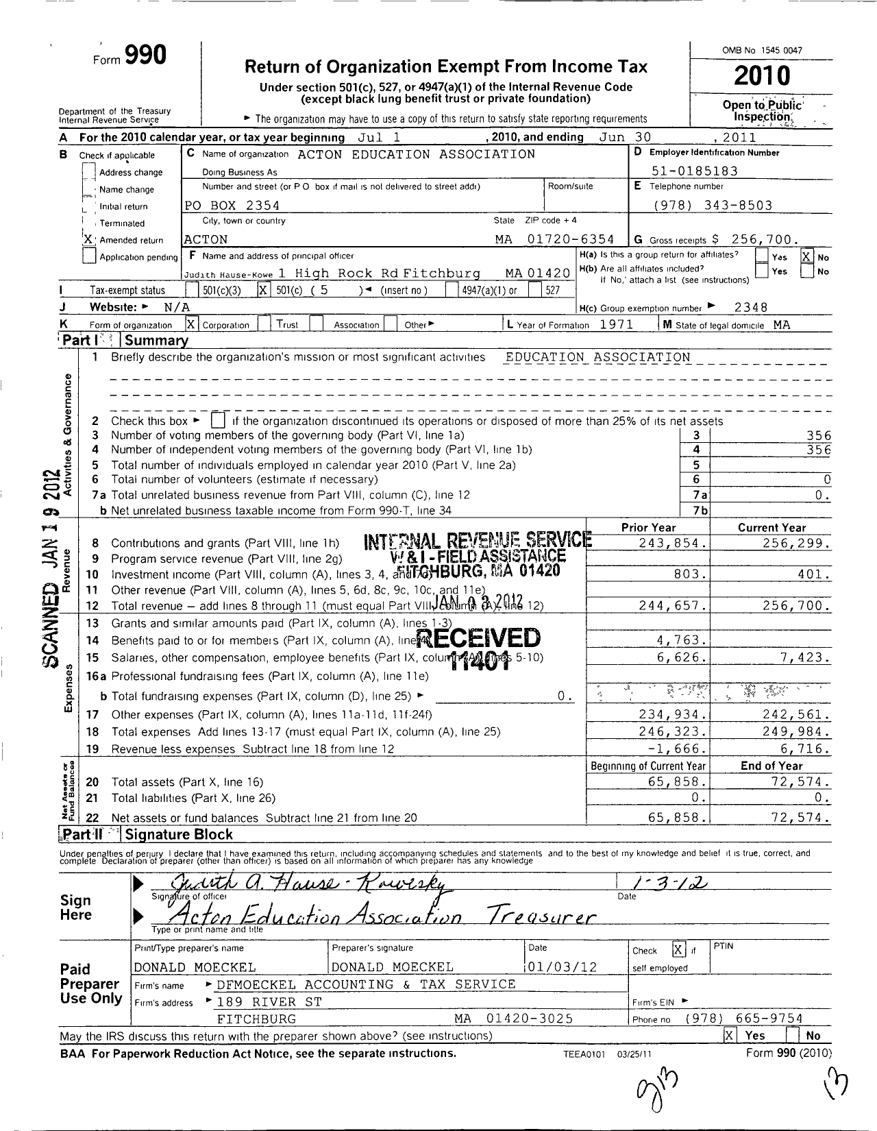 Image of first page of 2010 Form 990O for Massachusetts Teachers Association - 101 Acton Educ Assn