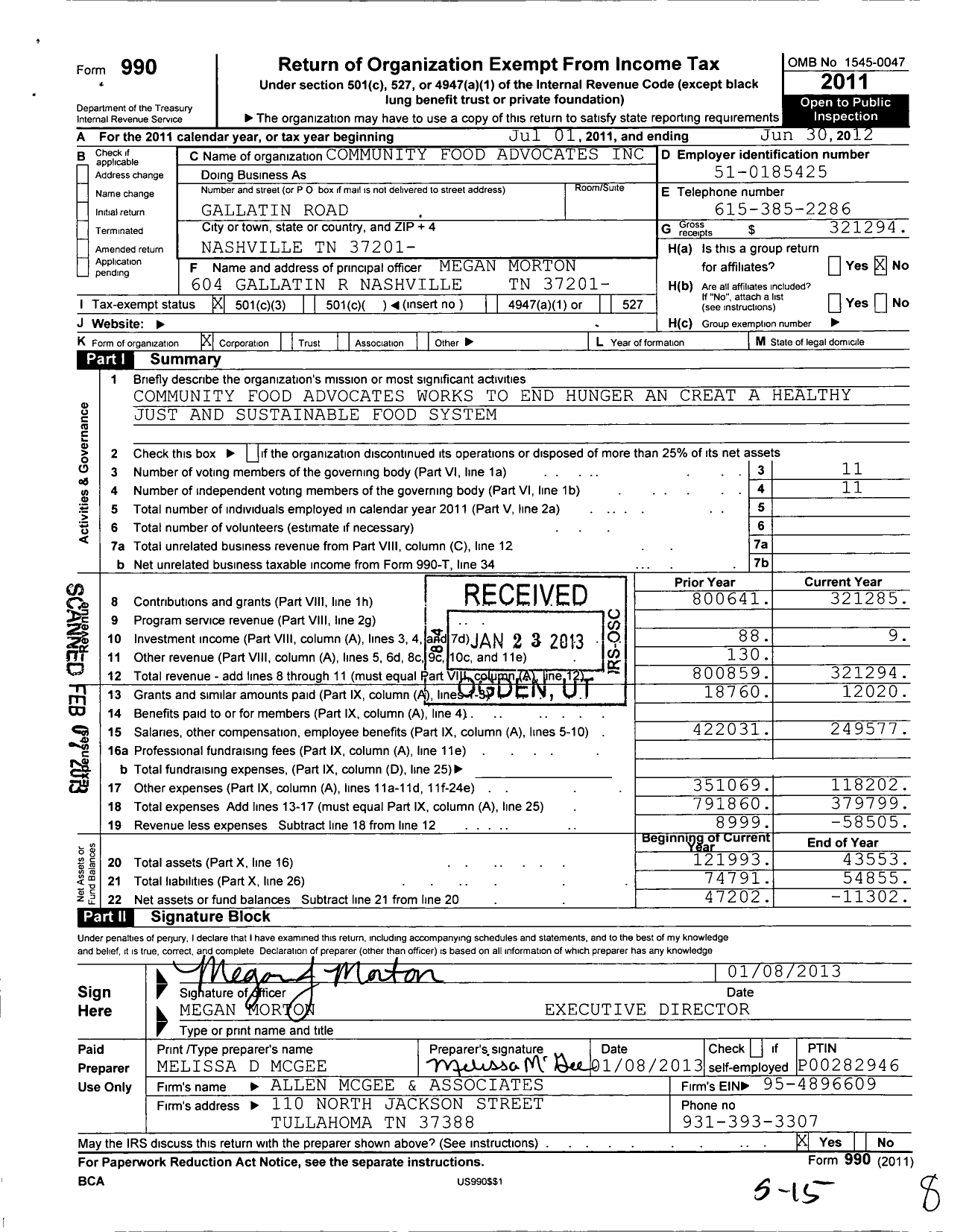 Image of first page of 2011 Form 990 for Community Food Advocates