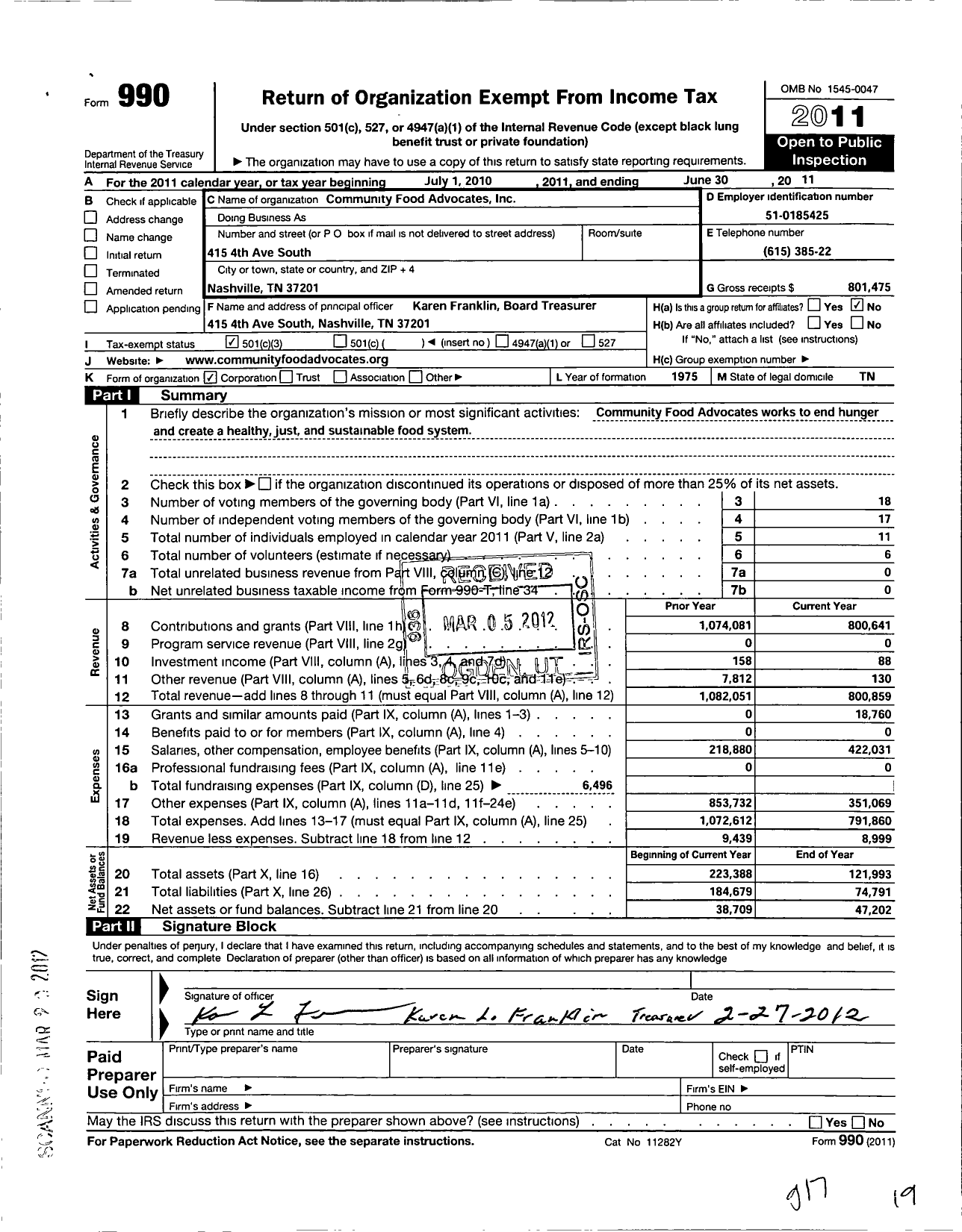 Image of first page of 2010 Form 990 for Community Food Advocates