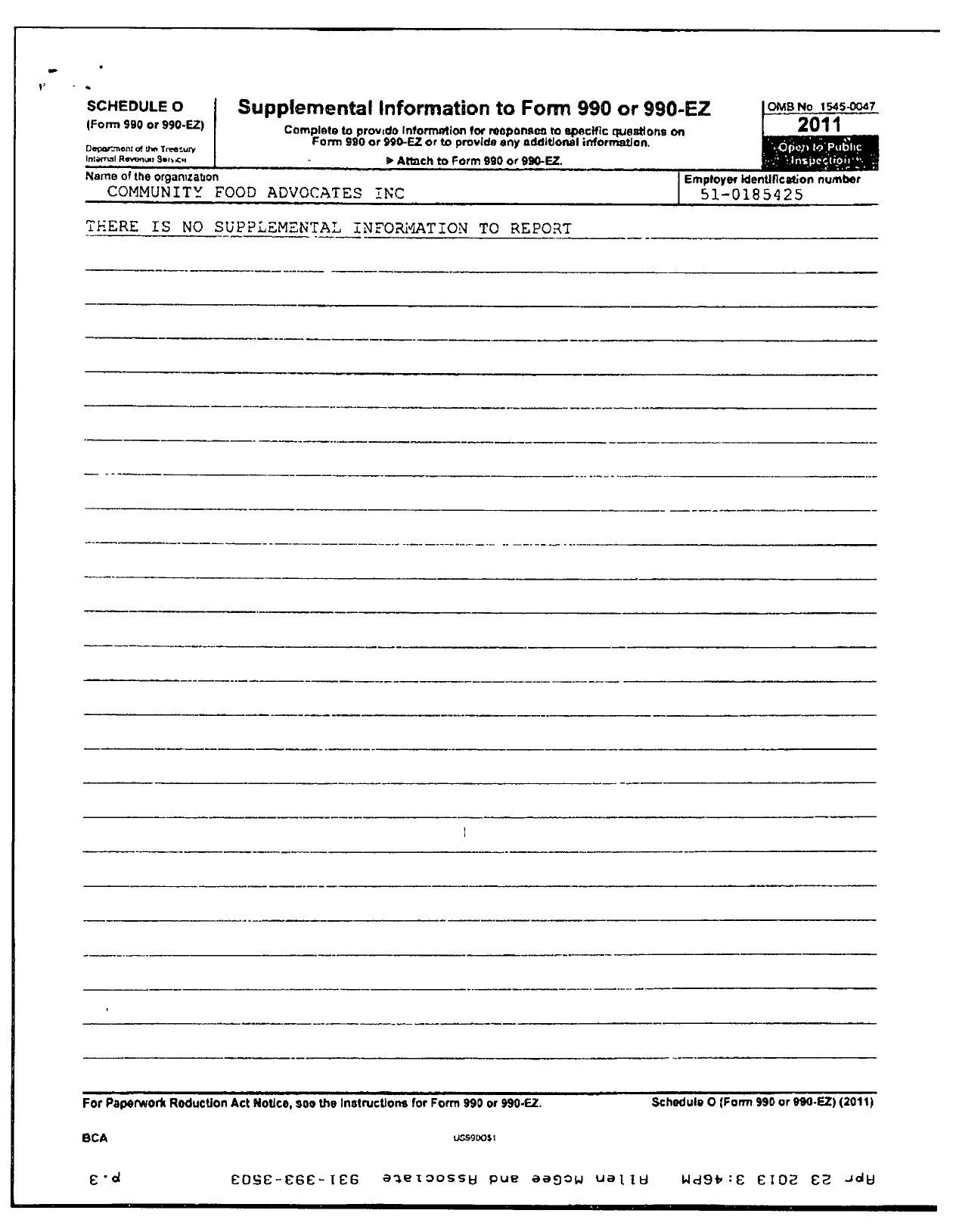 Image of first page of 2011 Form 990R for Community Food Advocates