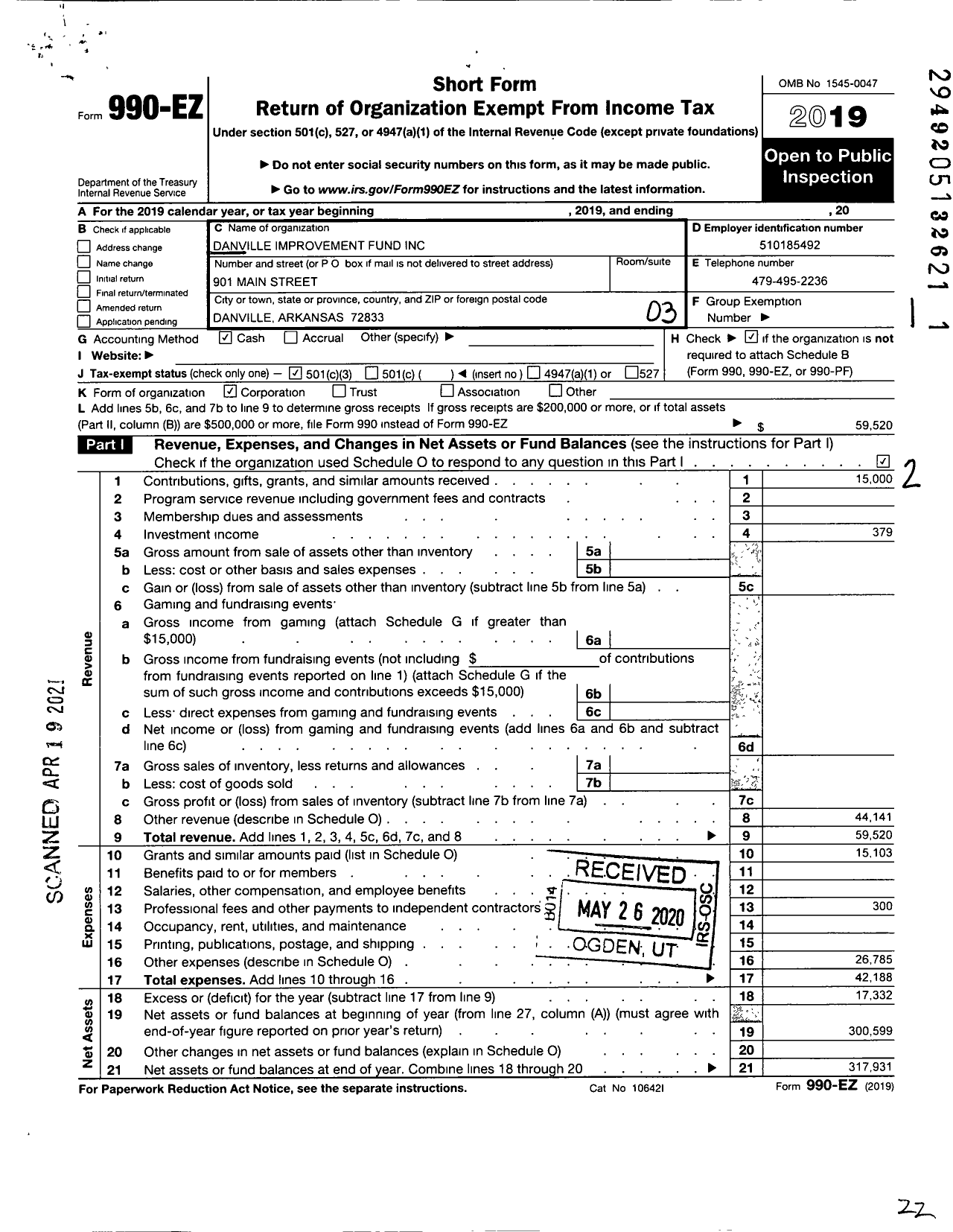 Image of first page of 2019 Form 990EZ for Danville Improvement Fund