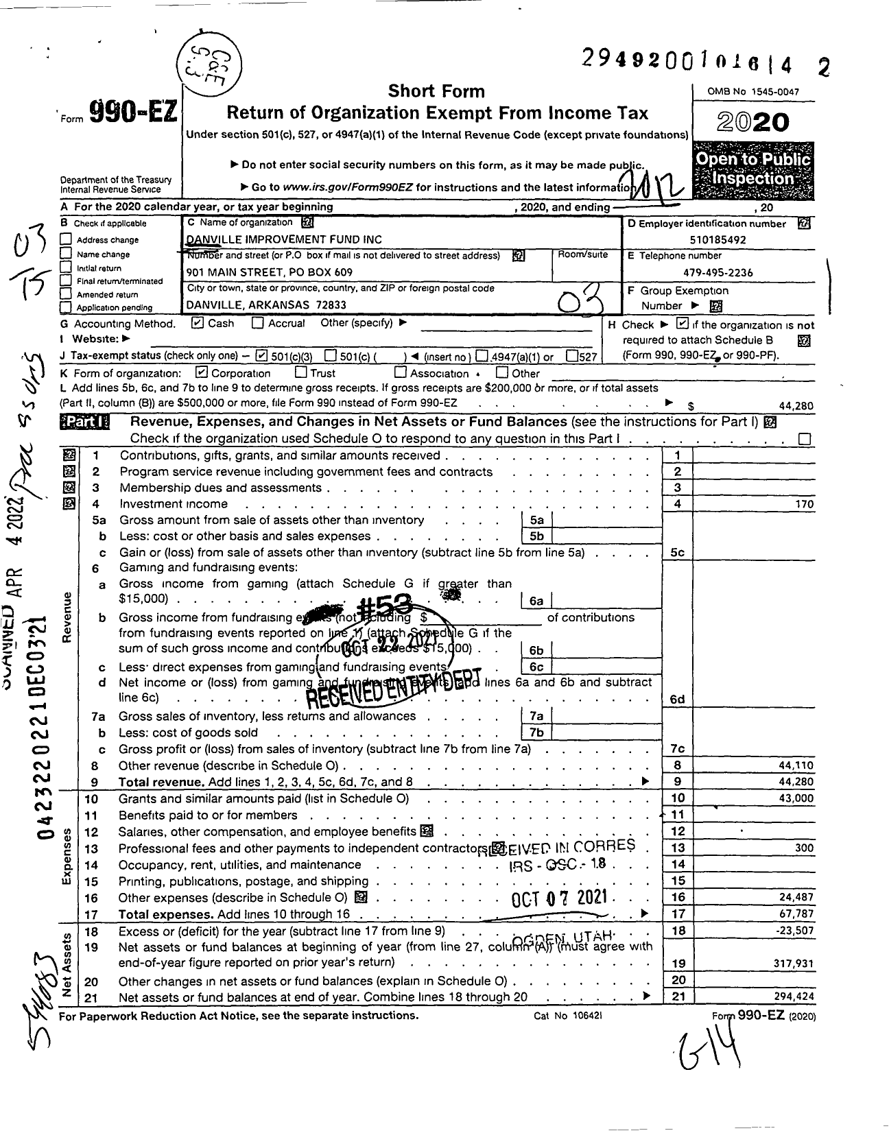 Image of first page of 2020 Form 990EZ for Danville Improvement Fund