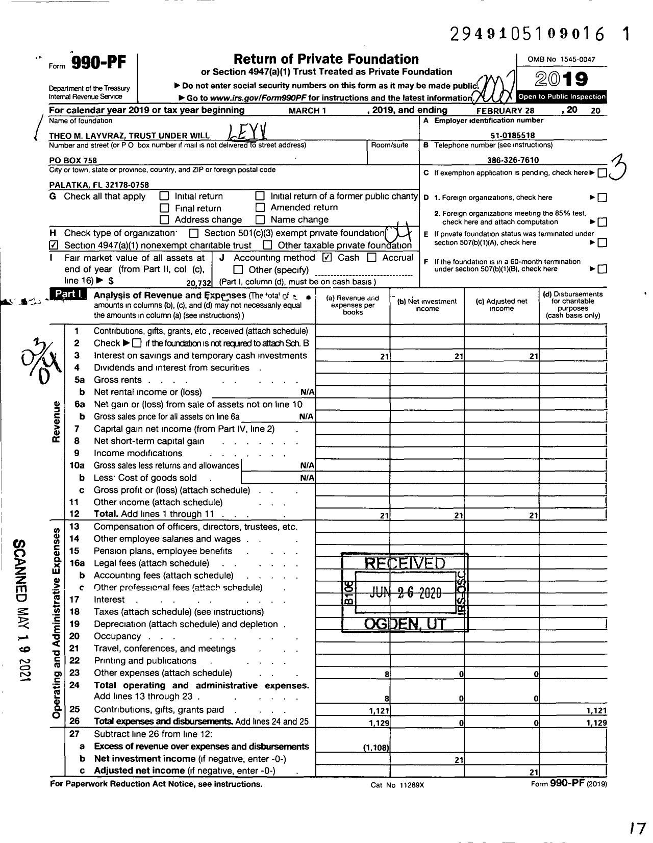 Image of first page of 2019 Form 990PF for Theo M Leyvraz Trust Under Will