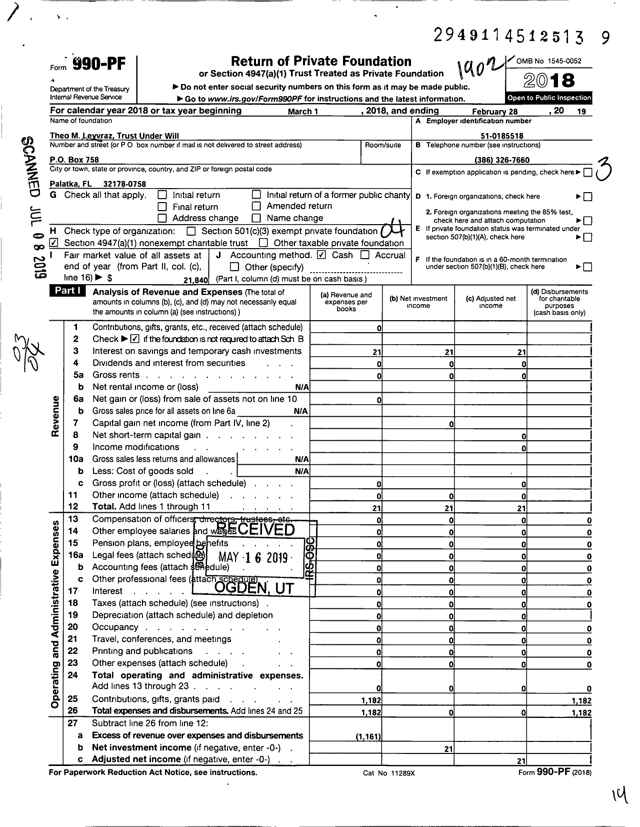 Image of first page of 2018 Form 990PF for Theo M Leyvraz Trust Under Will