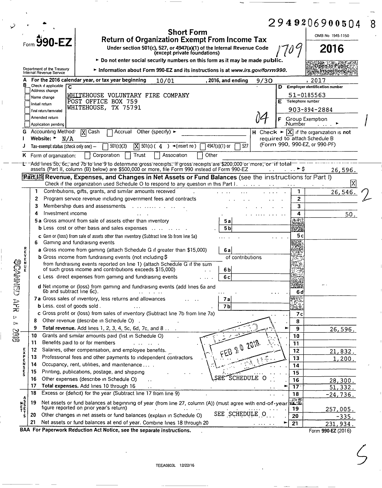 Image of first page of 2016 Form 990EO for Whitehouse Voluntary Fire Company