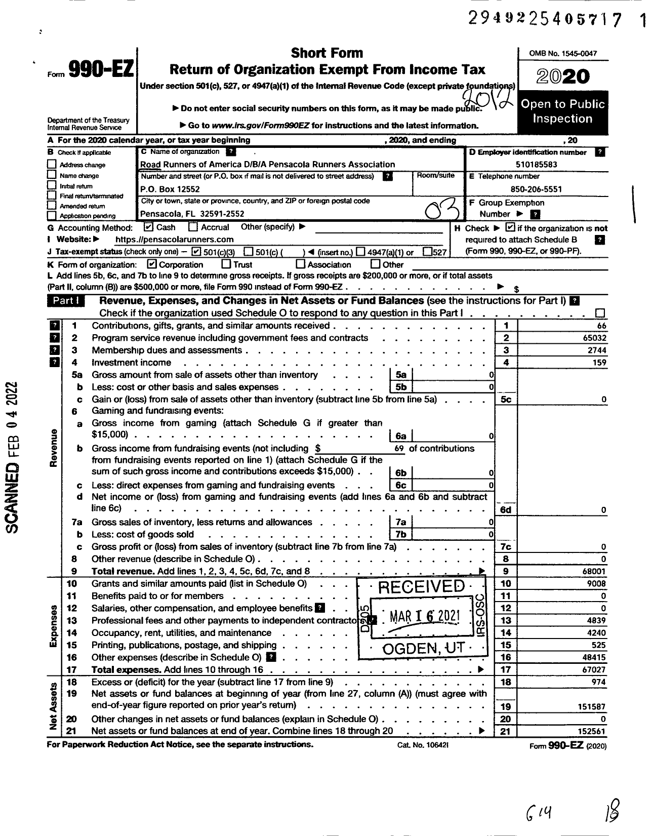 Image of first page of 2020 Form 990EZ for Road Runners Club of America / Pensacola Runners Association