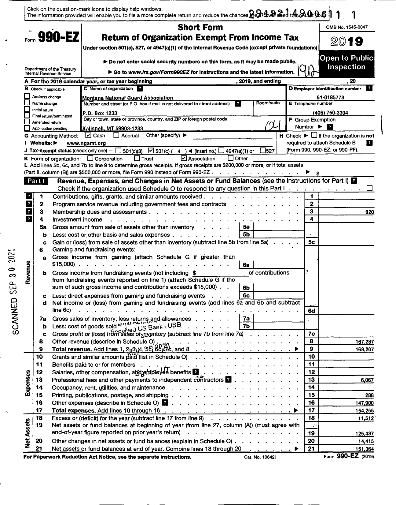 Image of first page of 2019 Form 990EO for Montana National Guard Association