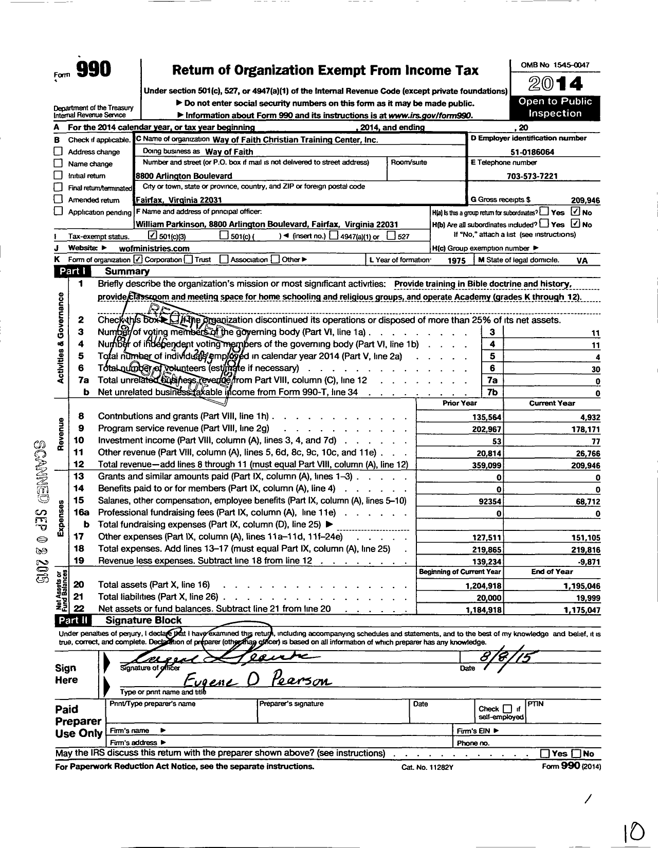 Image of first page of 2014 Form 990 for Way of Faith Christian Training Center