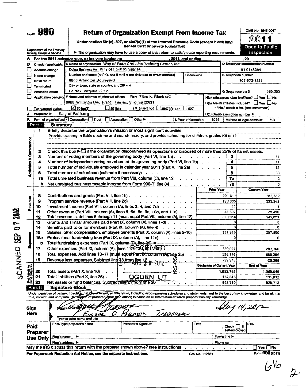 Image of first page of 2011 Form 990 for Way of Faith Christian Training Center