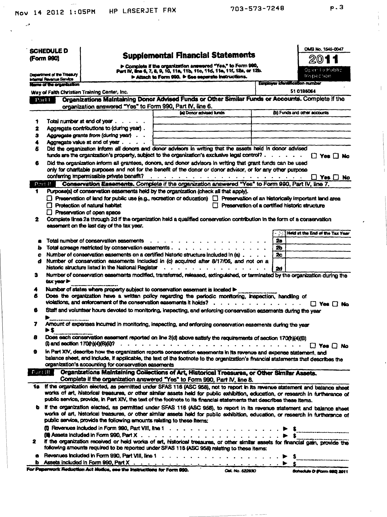 Image of first page of 2011 Form 990R for Way of Faith Christian Training Center