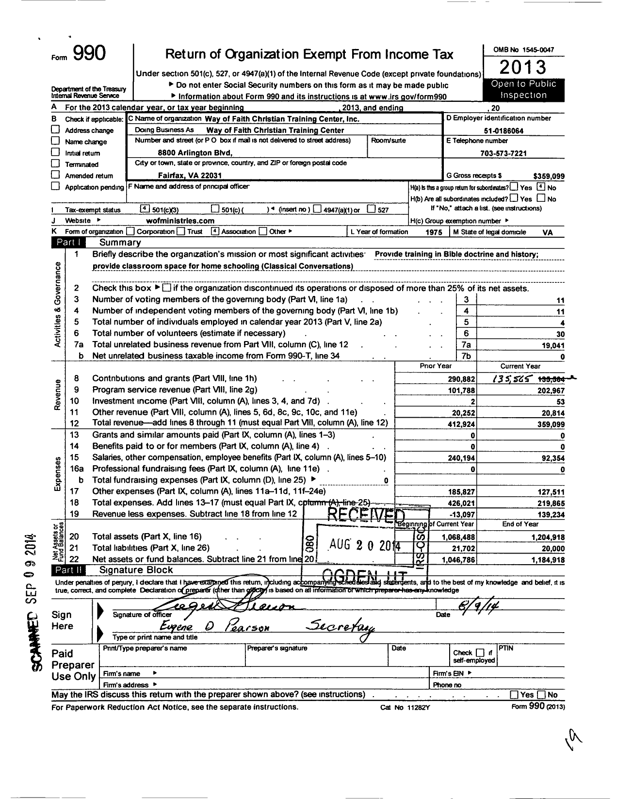 Image of first page of 2013 Form 990 for Way of Faith Christian Training Center