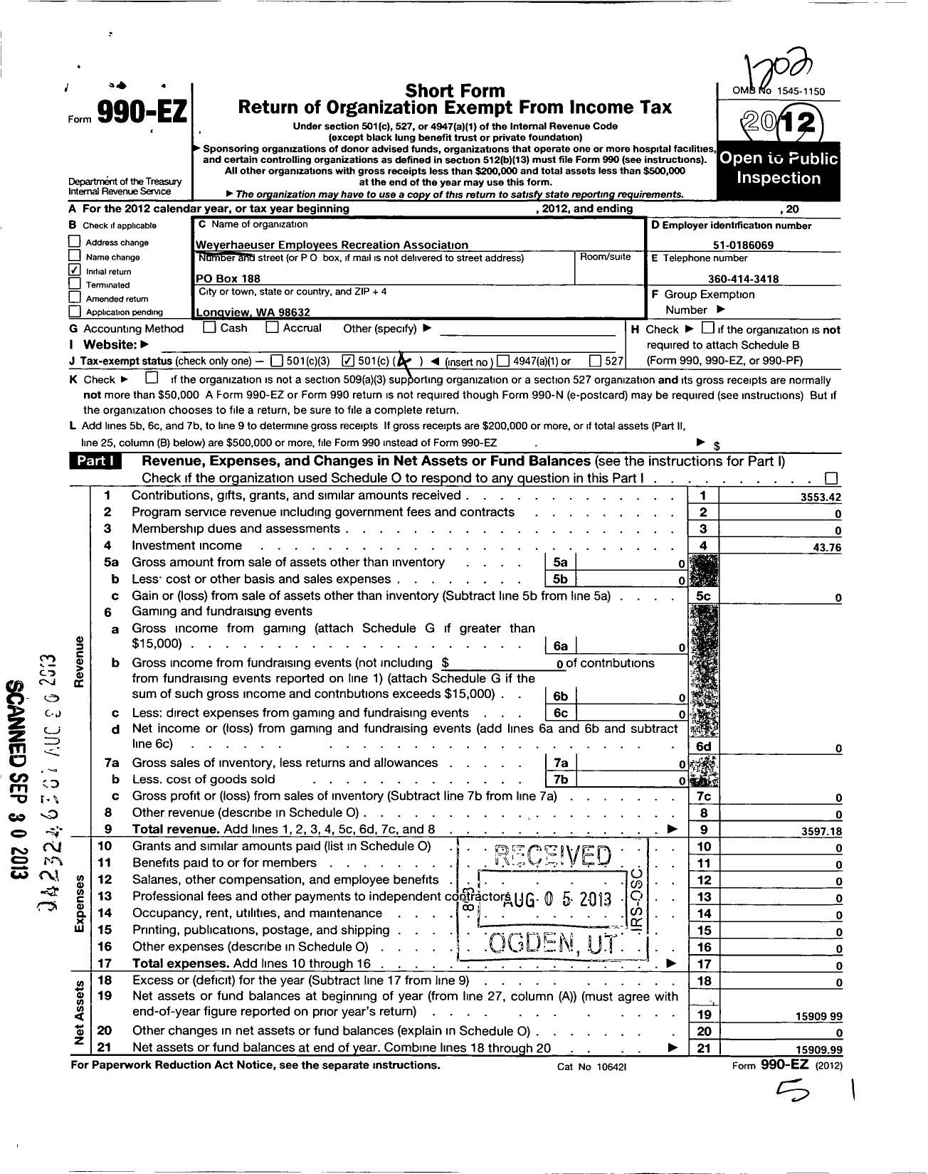 Image of first page of 2011 Form 990EO for Weyerhaeuser Employees Recreation Association