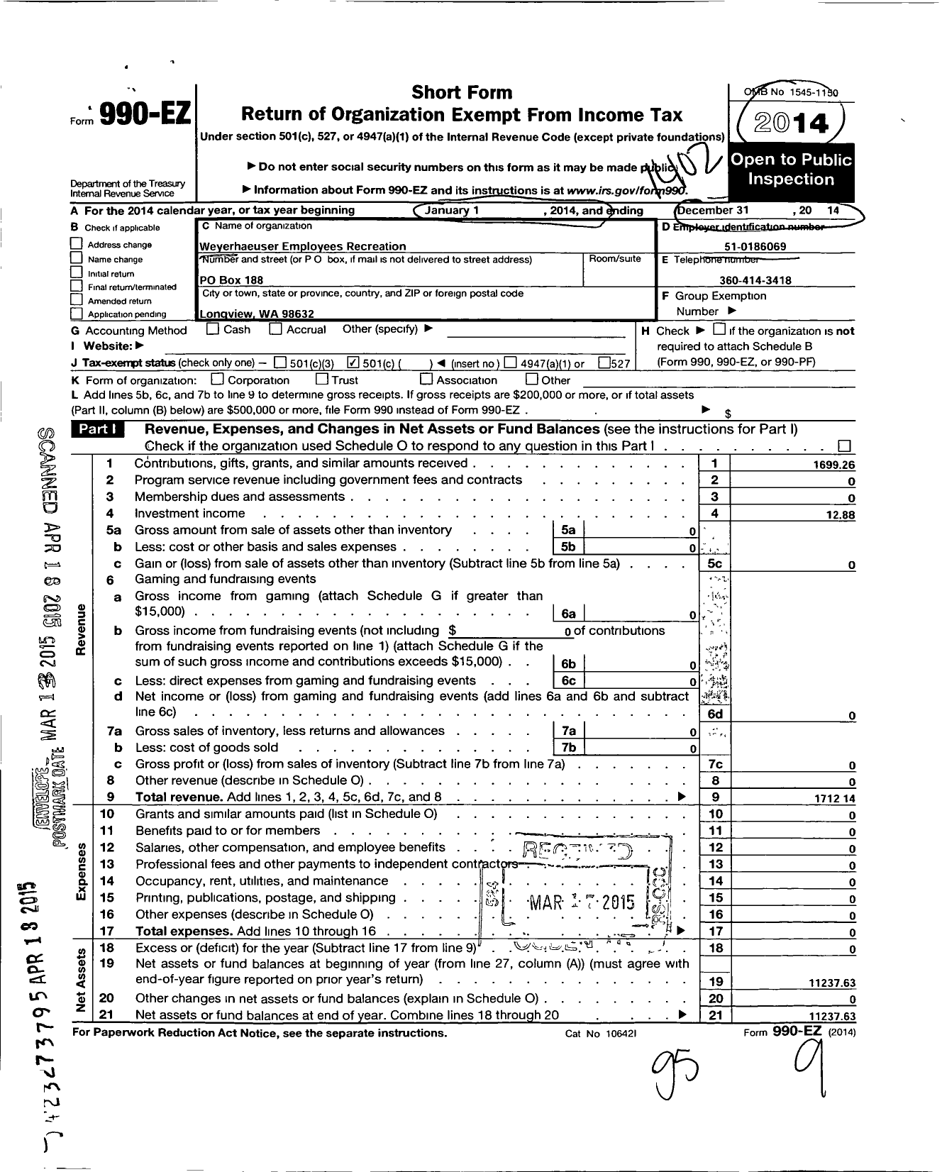 Image of first page of 2013 Form 990EO for Weyerhaeuser Employees Recreation Association