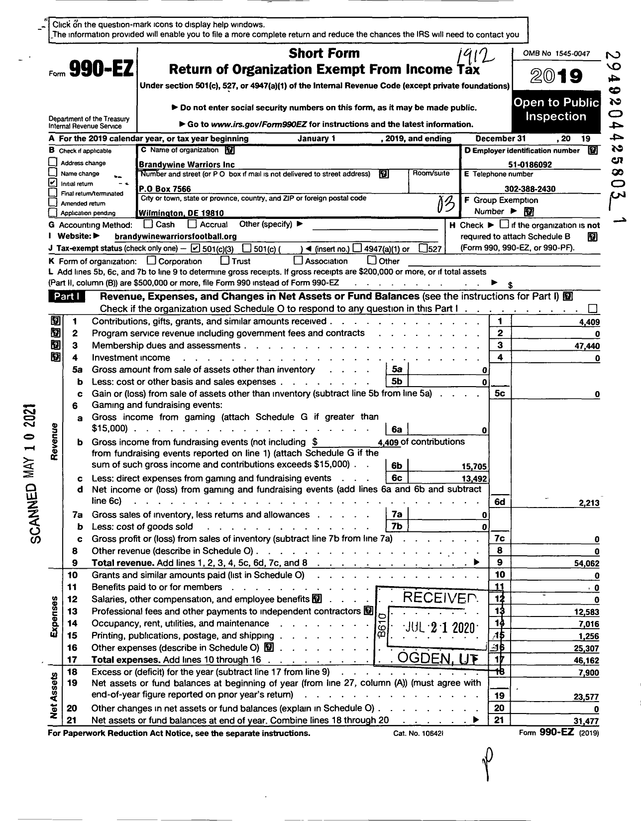 Image of first page of 2019 Form 990EZ for Brandywine Warriors