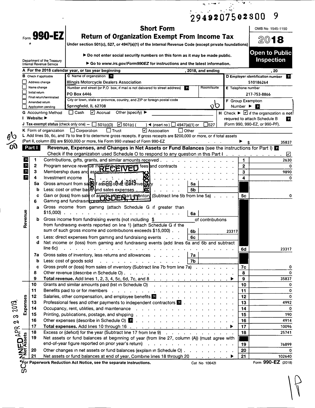 Image of first page of 2018 Form 990EO for Illinois Motorcycle Dealers Association (IMDA)