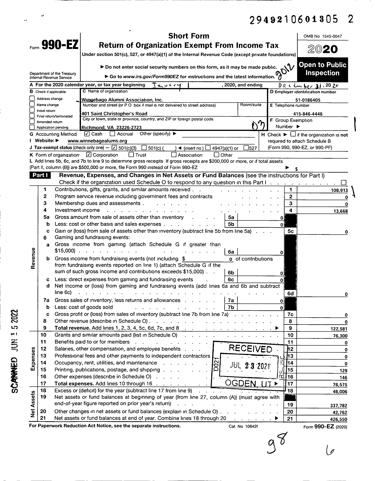 Image of first page of 2020 Form 990EZ for Winnebago Alumni Association