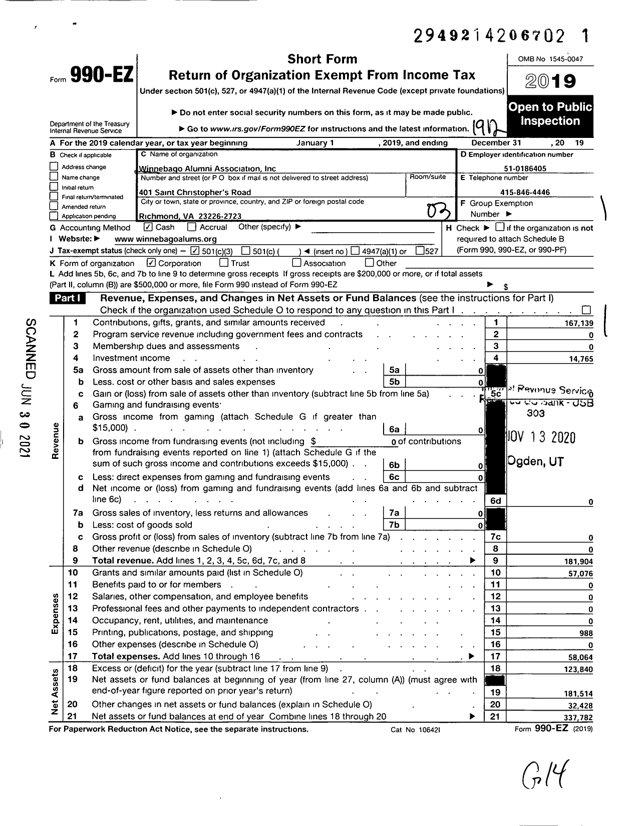 Image of first page of 2019 Form 990EZ for Winnebago Alumni Association