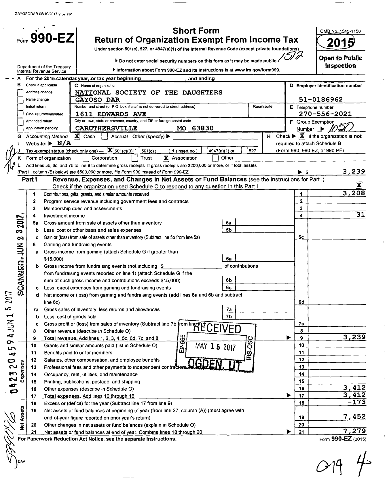 Image of first page of 2015 Form 990EZ for Daughters of the American Revolution - Gayoso Dar