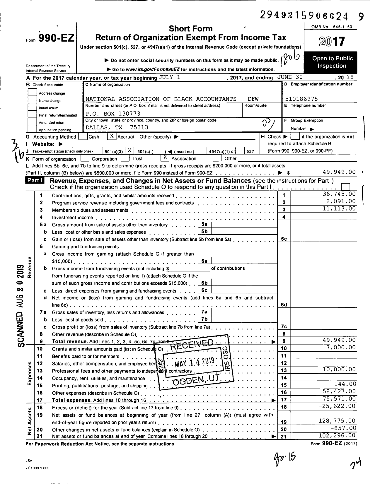 Image of first page of 2017 Form 990EZ for National Association of Black Accountants DFW