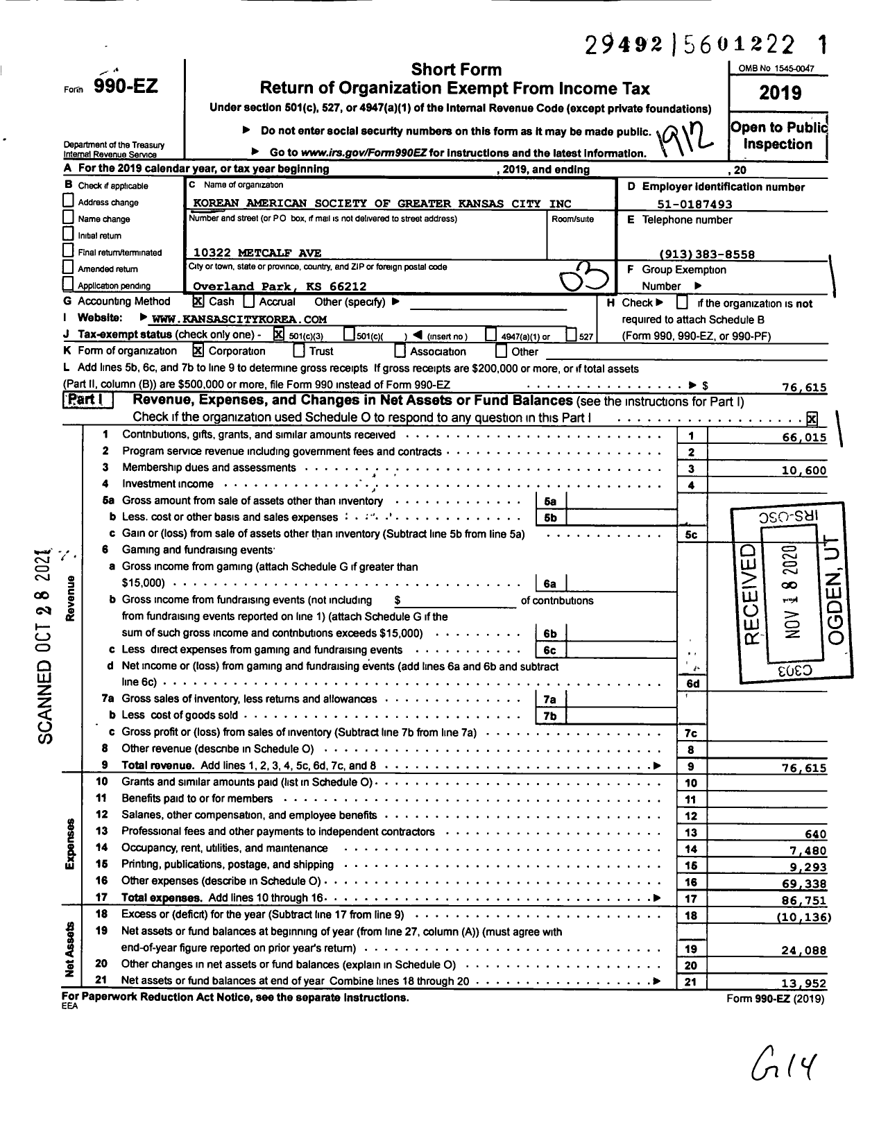 Image of first page of 2019 Form 990EZ for Korean American Society of Greater Kansas City