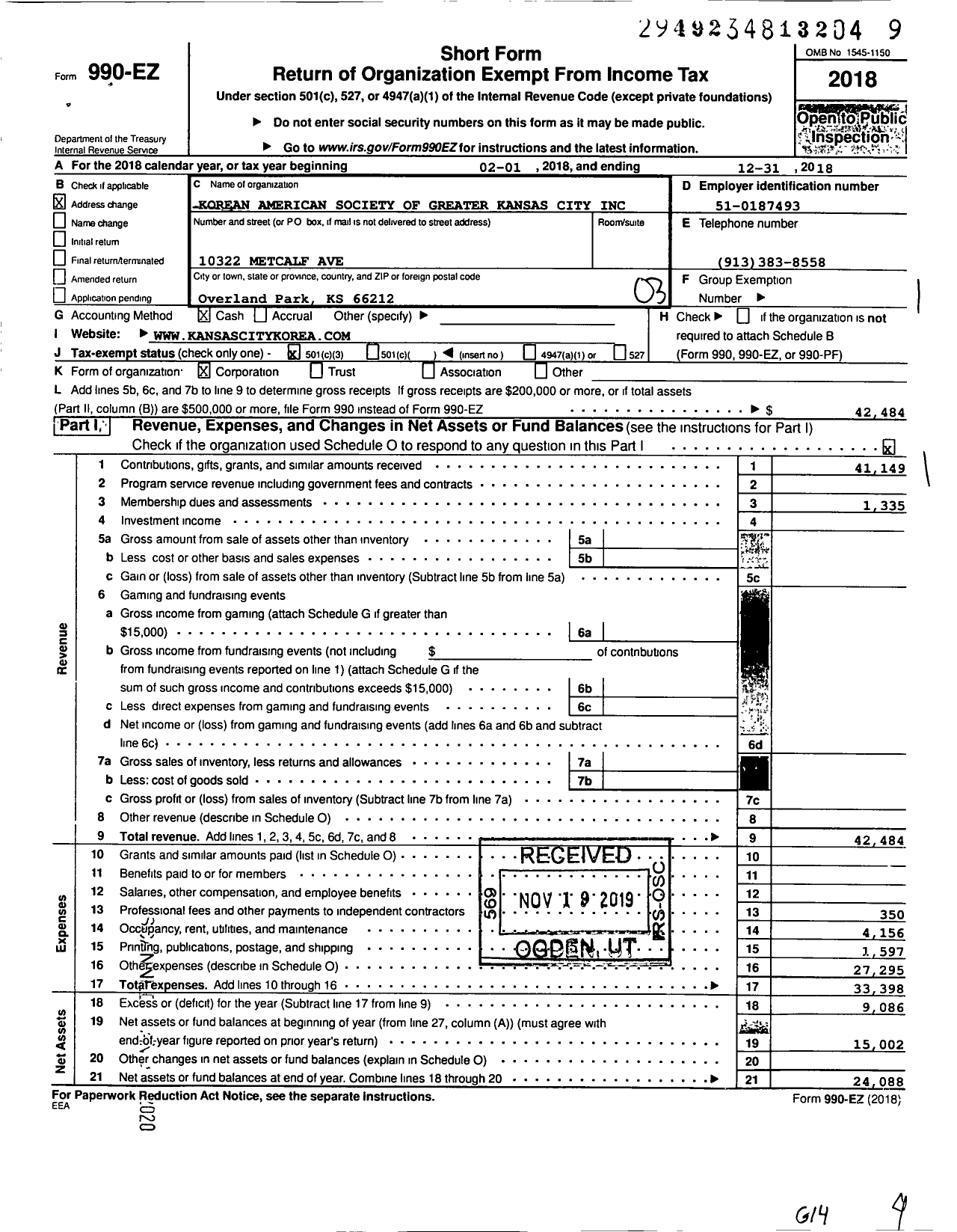 Image of first page of 2018 Form 990EZ for Korean American Society of Greater Kansas City