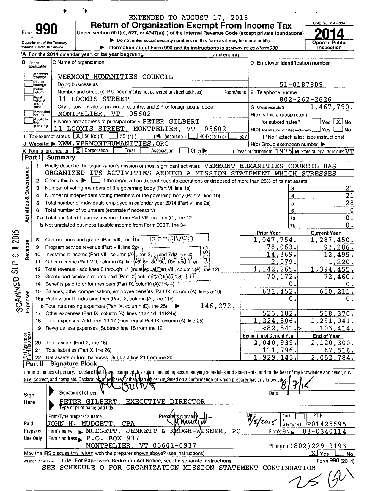 Image of first page of 2014 Form 990 for Vermont Humanities Council