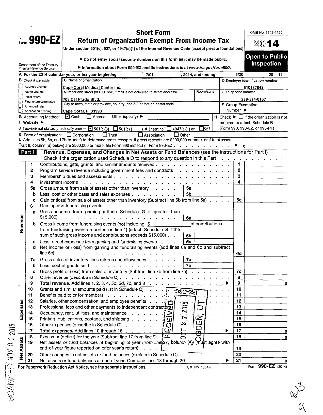 Image of first page of 2014 Form 990EZ for Cape Coral Medical Center