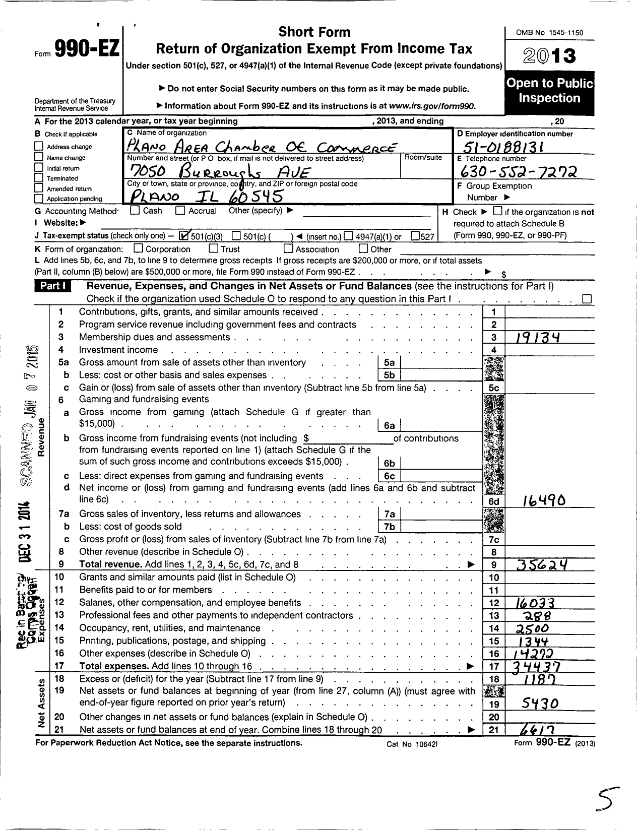 Image of first page of 2013 Form 990EZ for Plano Area Chamber of Commerce