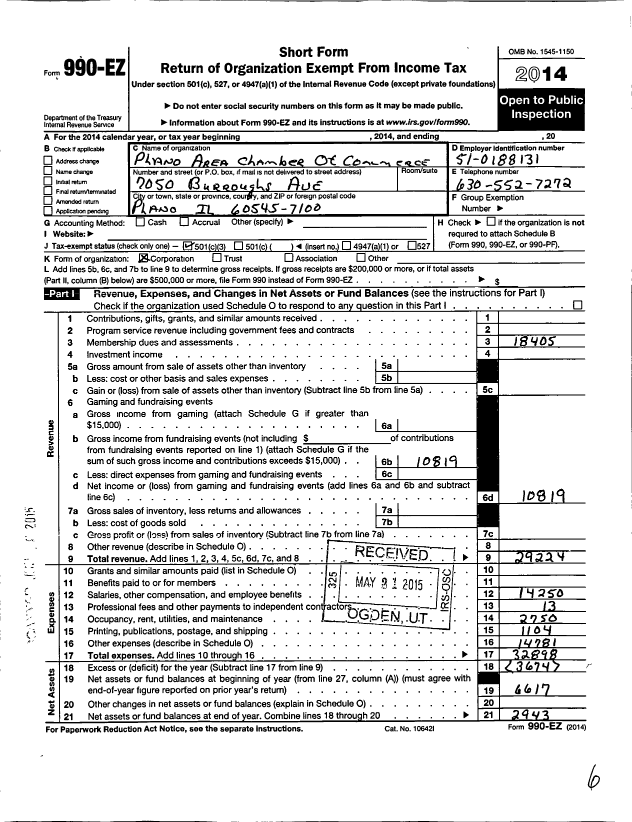 Image of first page of 2014 Form 990EZ for Plano Area Chamber of Commerce