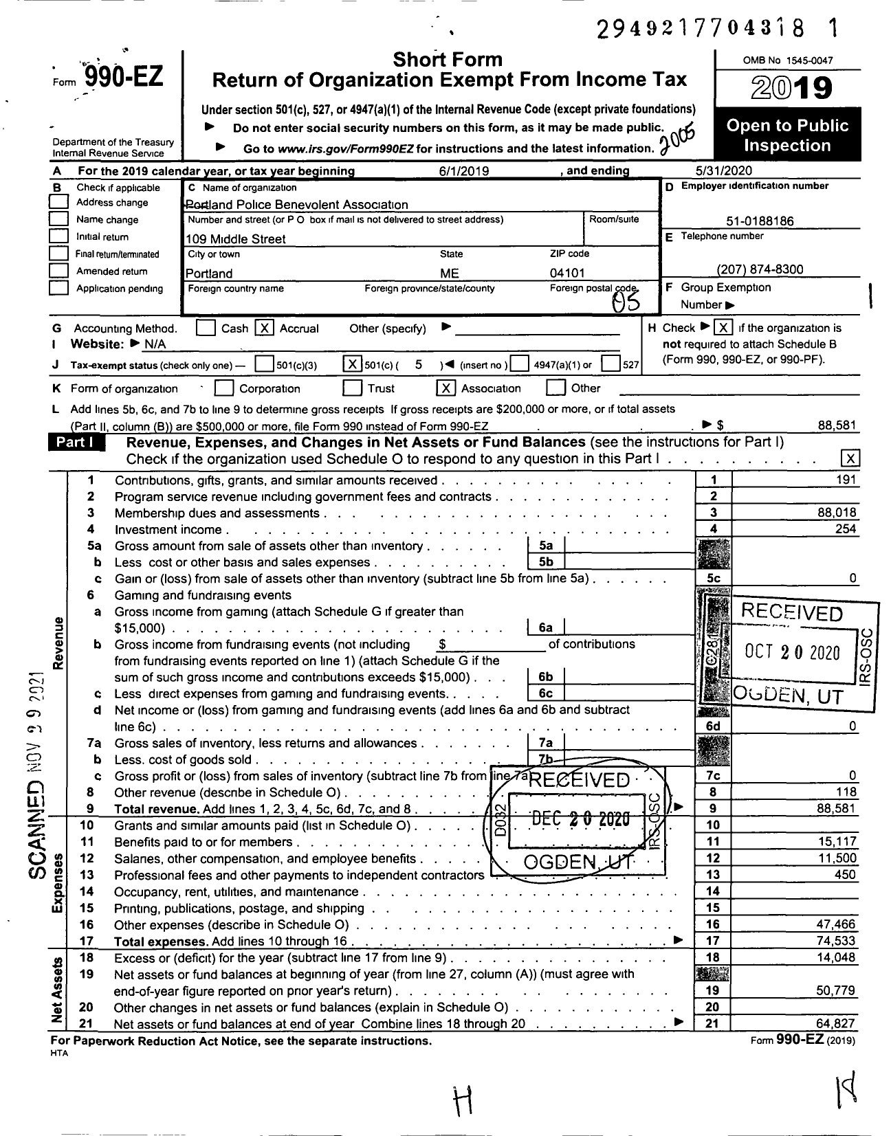 Image of first page of 2019 Form 990EO for Portland Police Benevolent Association